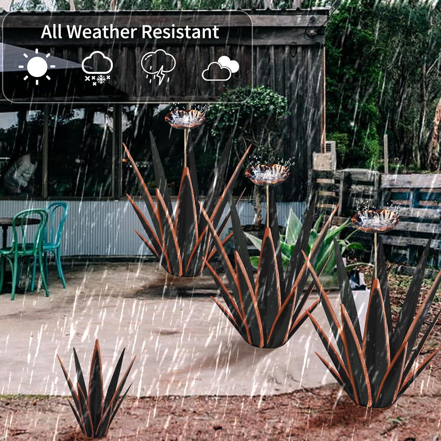 Large Tequila Rustic Sculpture, Rustic Metal Agave Plants for Outdoor Patio Yard, Home Decor Hand Painted Metal Agave Garden Yard Statue, Outdoor Lawn Ornaments (Black - L (W/Solar Light))