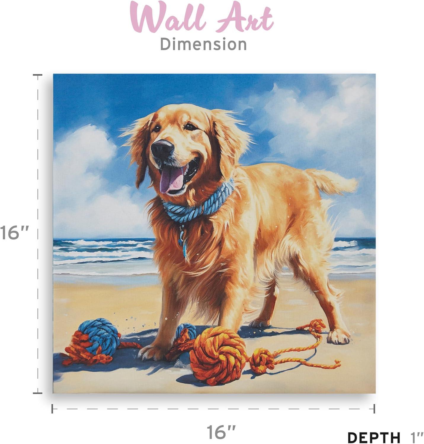 Madison Park 16"x16" Beach Playful Lively Dogs Print Canvas Wall Decor Art Golden Retriever Blue: Farmhouse Style