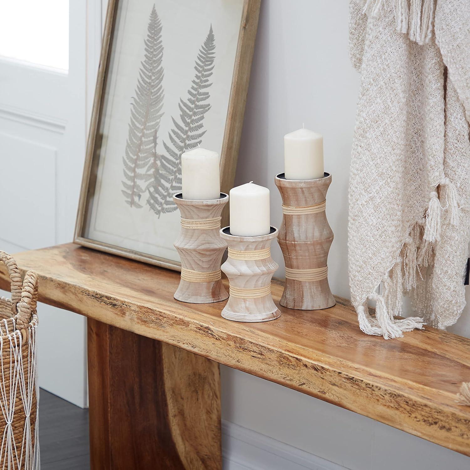 Rustic Whitewashed Wooden Candlestick Trio - Brown, Set of 3