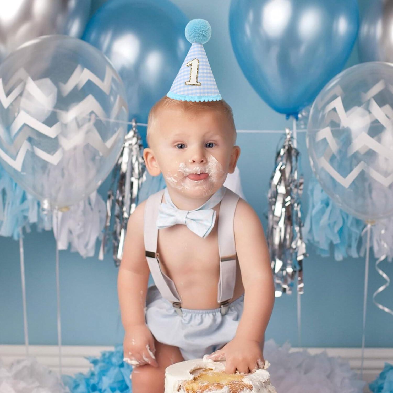 Amscan 250959 1st Birthday Blue Pom Pom Child's Party Hat, 1ct