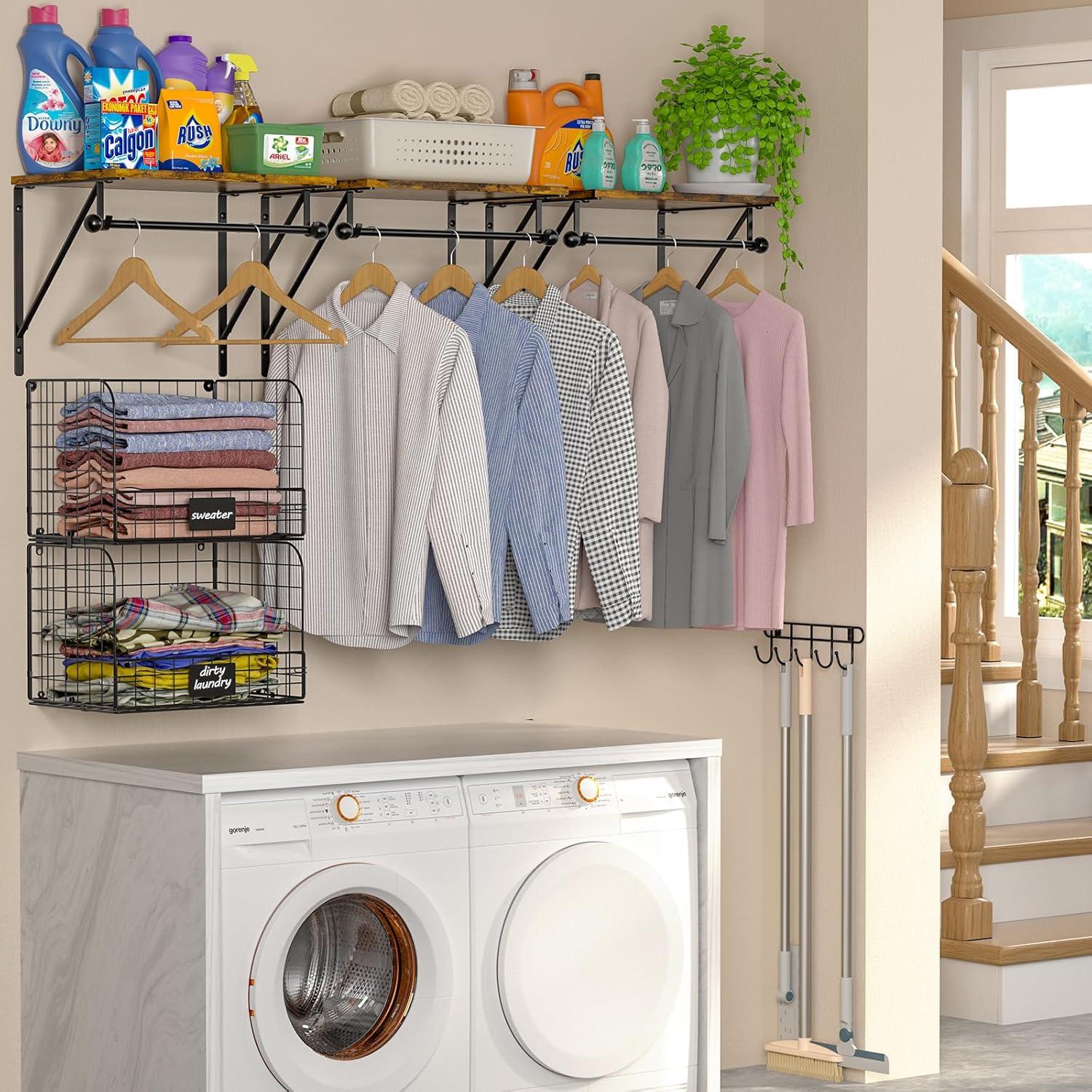 Black Wood and Metal Wall-Mounted Laundry Shelves with Wire Baskets