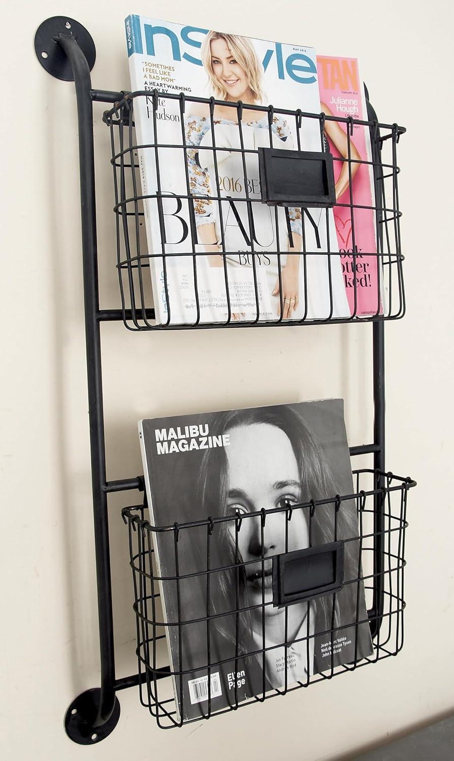 DecMode 28" Black Metal 2 Slots Magazine Rack Holder with Suspended Baskets and Label Slot