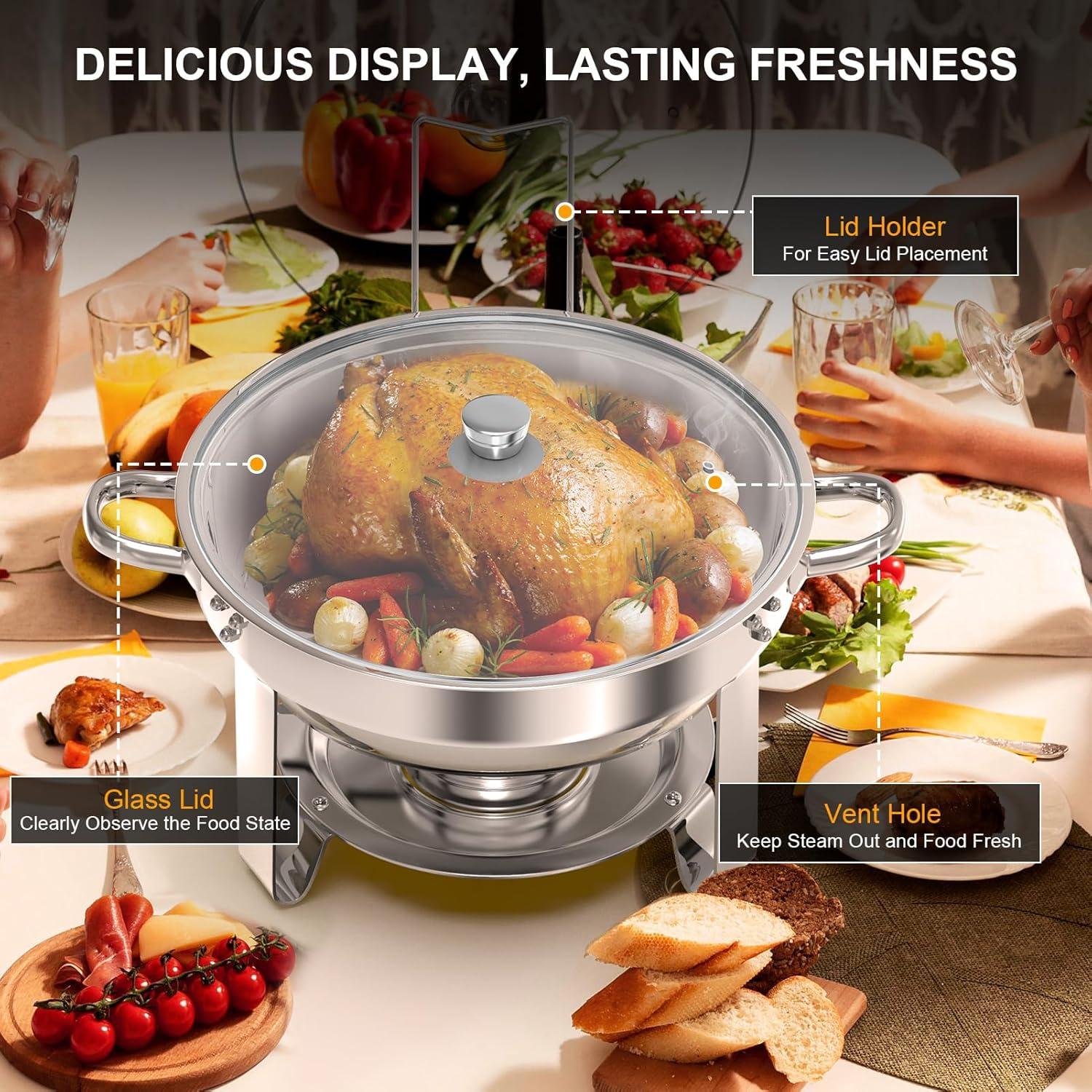 WhizMax Chafing Dish Buffet Set 2 Pack 5QT, Stainless Steel Round Chafing Dishes for Buffet with Lid Holder & Glass Lid, Gold