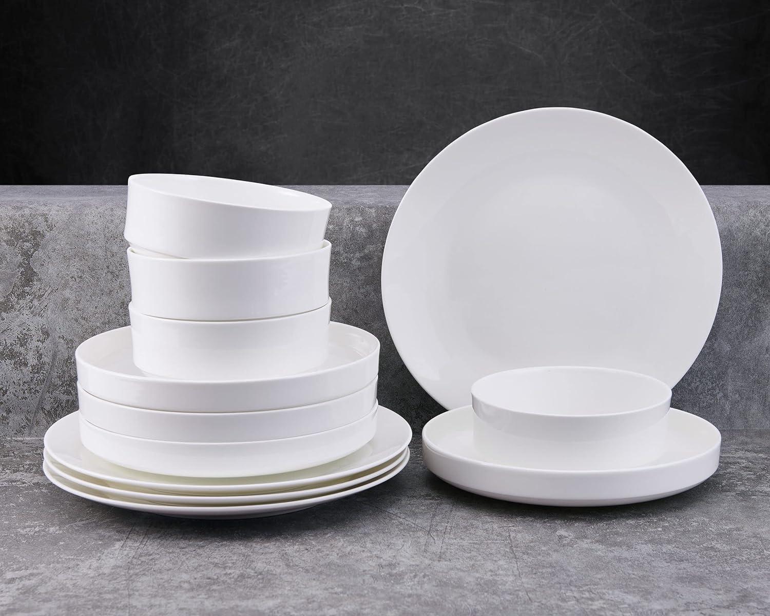 White Porcelain 12-Piece Round Dinnerware Set, Service for 4