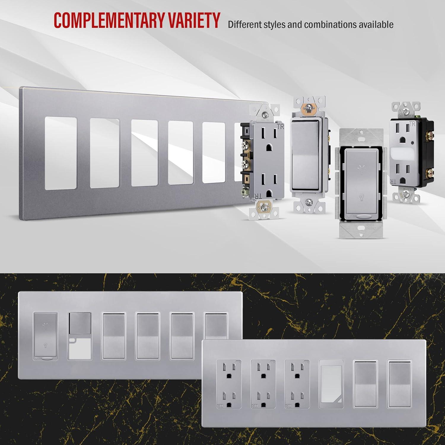 Silver 6-Gang Screwless Decorator Wall Plate