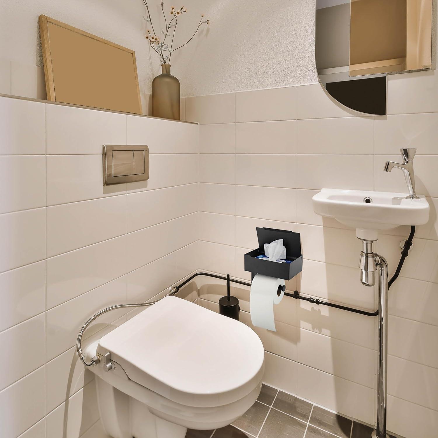 7Penn Bathroom Organizer - Matte Black Toilet Paper Holder with Shelf and Flushable Wipes Dispenser Storage Compartment