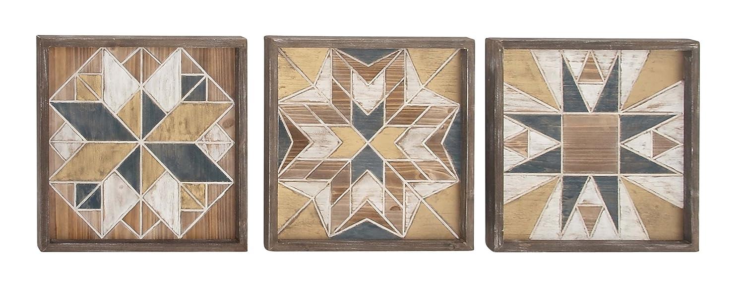 DecMode Farmhouse Distressed Rectangular Wood Wall Décor with Multi Colored Geometric Pattern, 46"W x 23"H