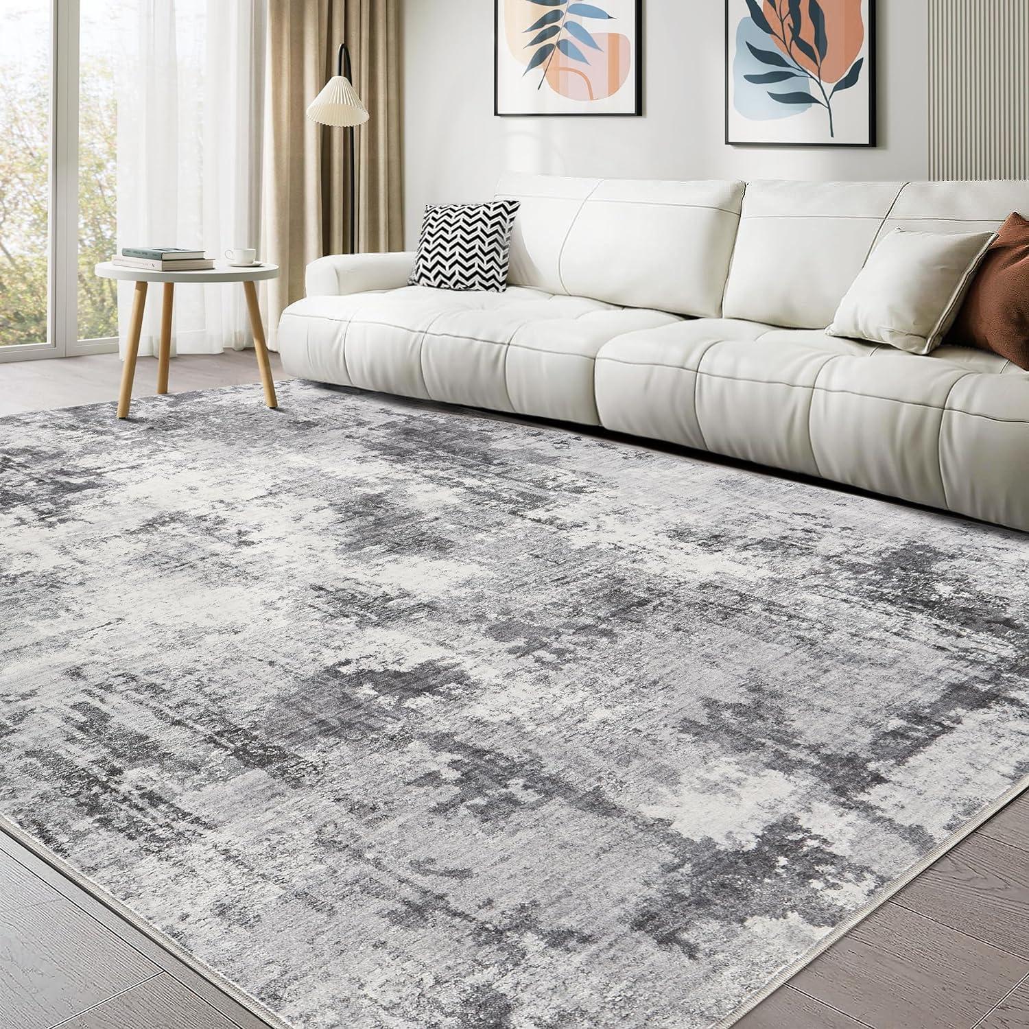 Gray Abstract Washable 9' x 12' Synthetic Area Rug