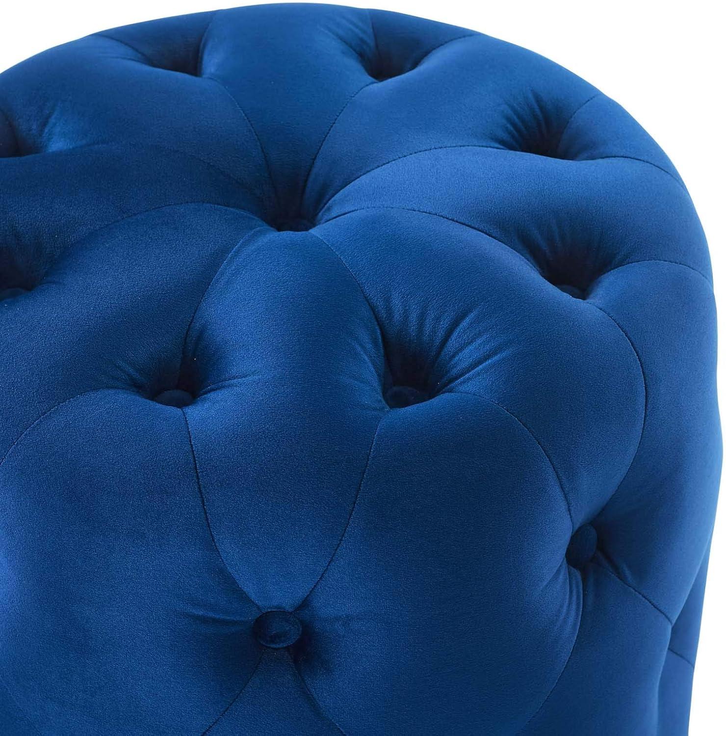 Amour Navy Blue Tufted Velvet Round Pouf Ottoman