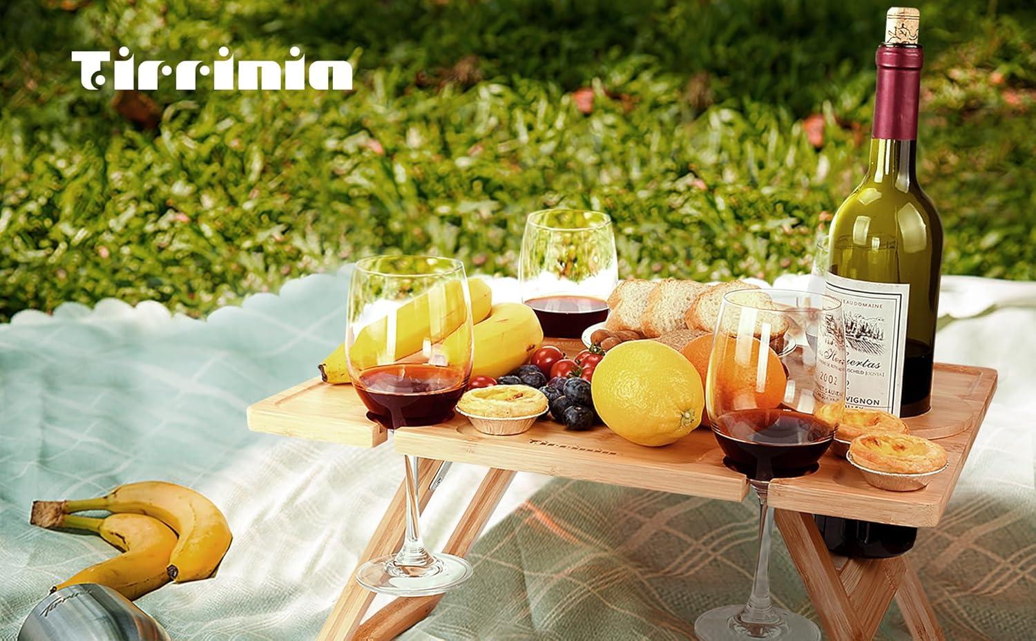 Tirrinia Bamboo Wine Picnic Table, Ideal Wine Lover Gift, Large Folding Portable Outdoor Snack & Cheese Tray for Concerts at Park, Beach