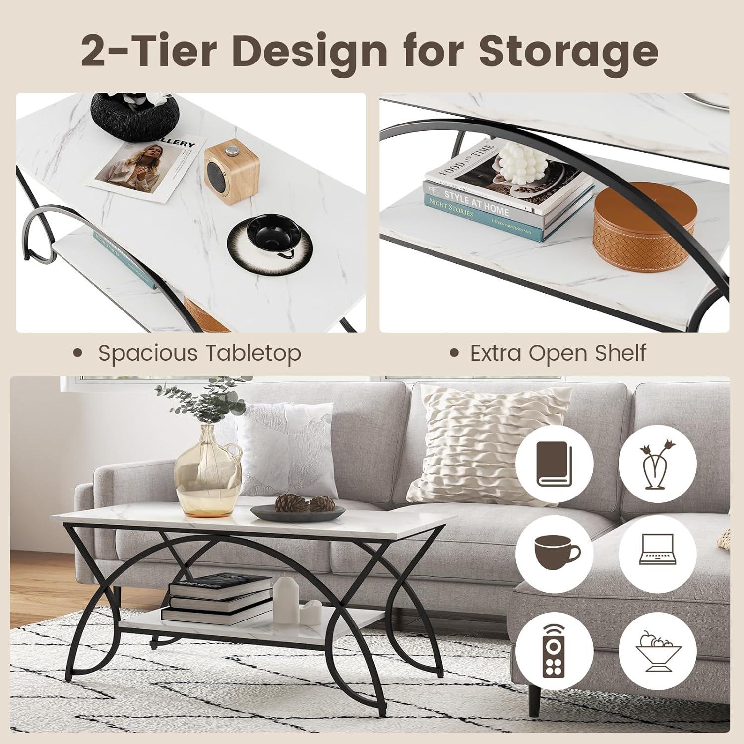 Kepooman Coffee Table,Center Table, Modern Sofa Table Tea Table,2-Tier Faux Marble Coffee Table with Marble Top and Metal Frame-Black & White