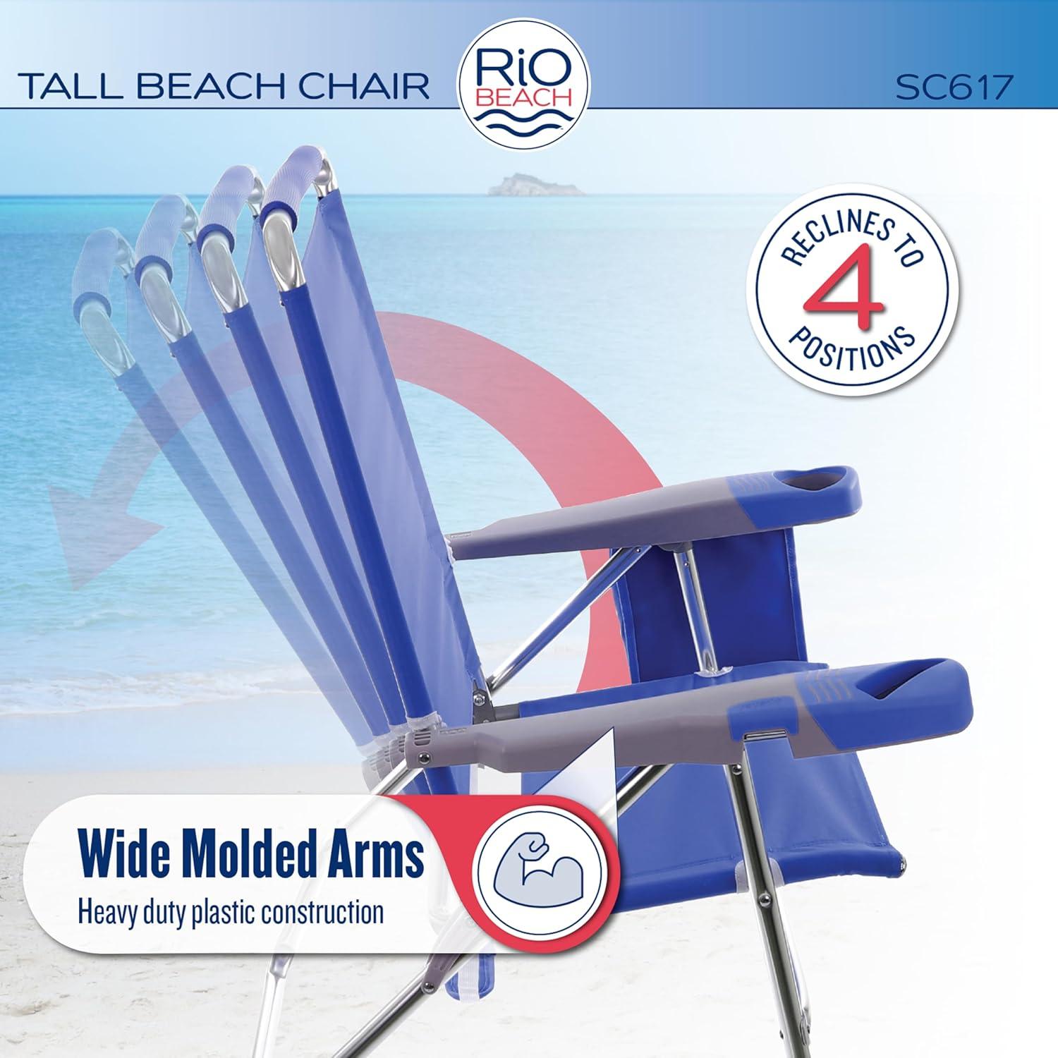 17" High Blue and Green Striped Foldable Beach Chair with Armrests