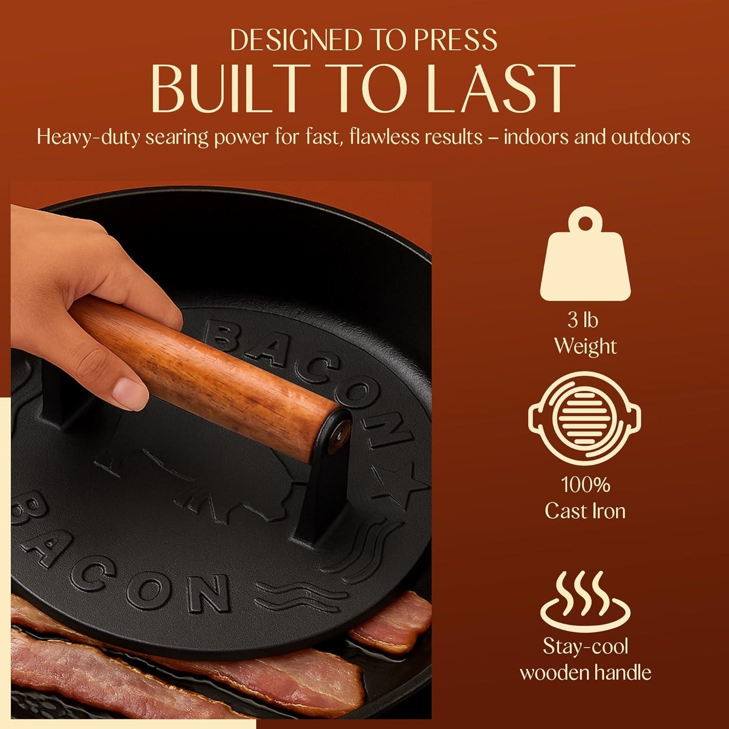 Bellemain 8.5-Inch Cast Iron Bacon Press – Heavy-Duty Grill Press for Perfect Bacon, Steak & More