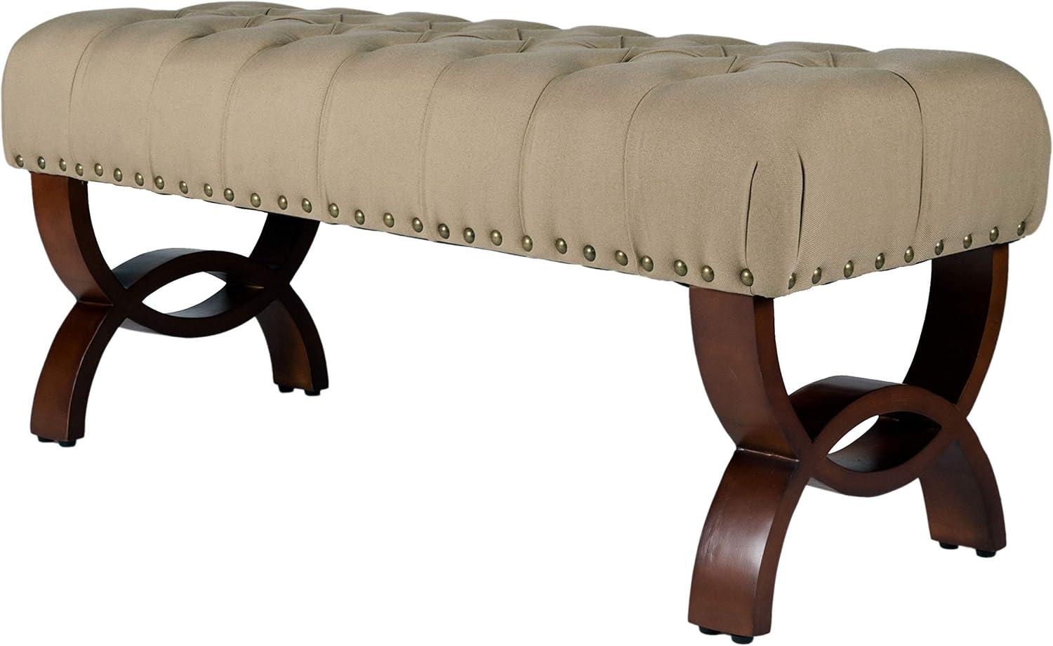 Carolina Tufted Bench with Nailhead Trim Cream - HomePop: Upholstered Ottoman for Bedroom, Indoor Furniture