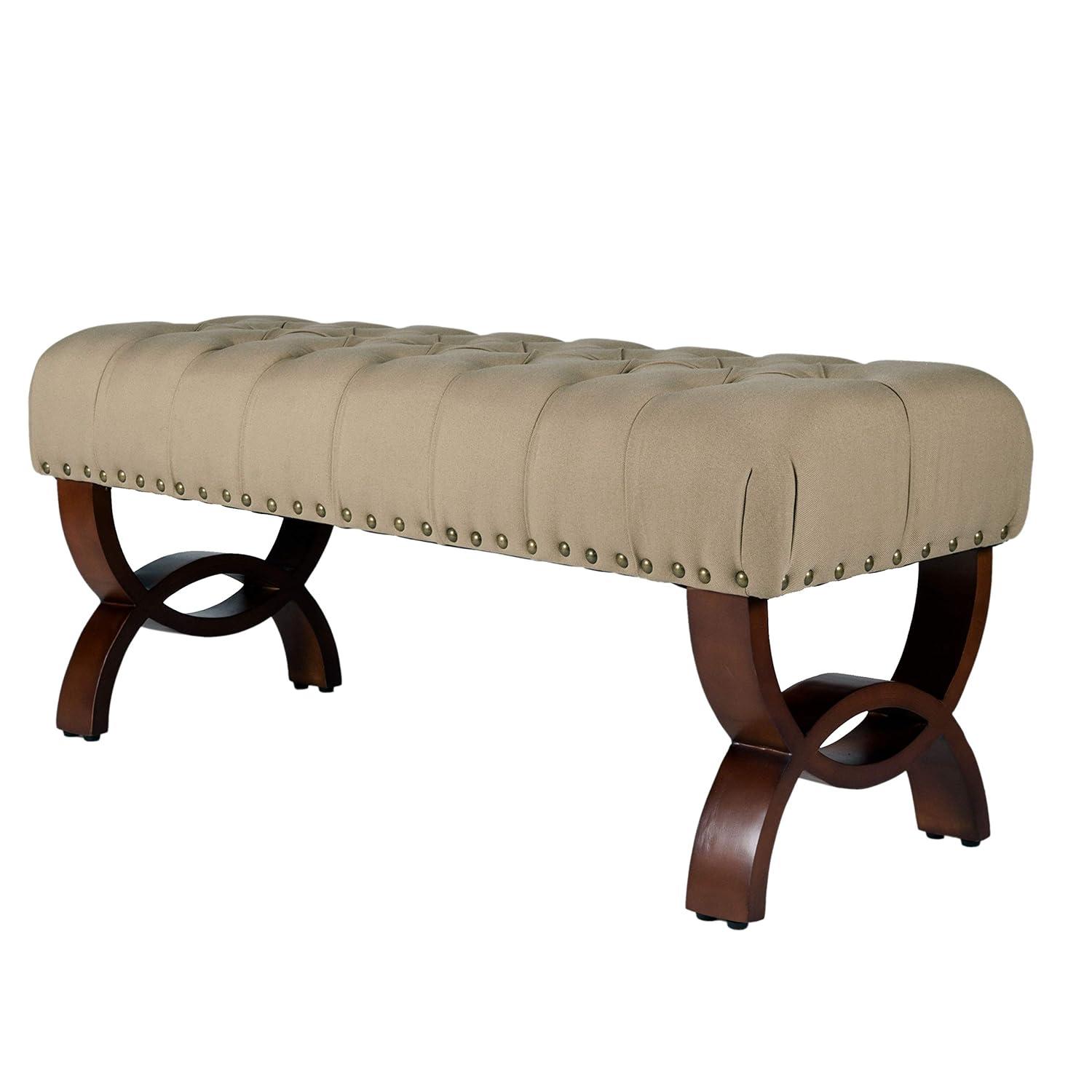 Carolina Tufted Bench with Nailhead Trim Cream - HomePop: Upholstered Ottoman for Bedroom, Indoor Furniture