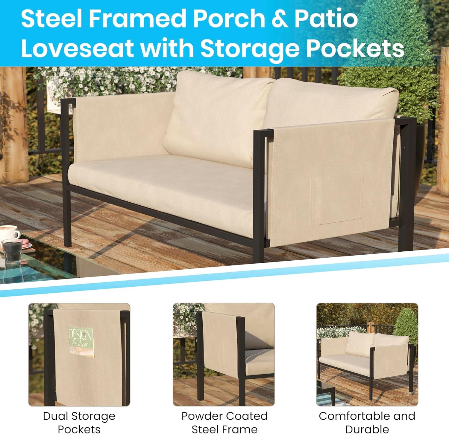 Flash Furniture Lea Indoor/Outdoor Loveseat with Cushions - Modern Steel Framed Chair with Storage Pockets, Black with Beige Cushions