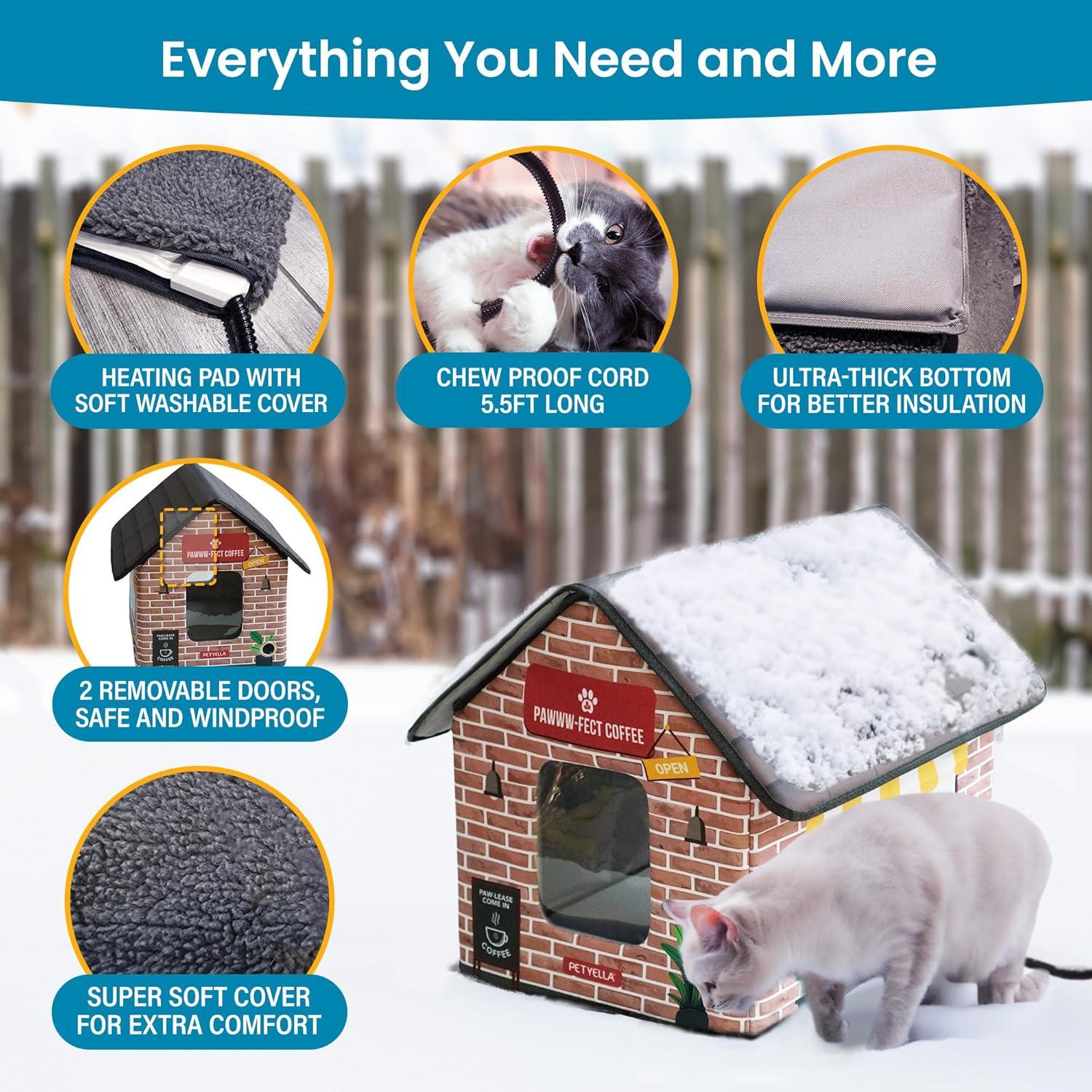 Deluxe Heated Cat House for Winter - Weatherproof, Insulated, Easy Assembly, Cat Heating Pad, Dual Escape Doors, Outdoor & Indoor Cat House - Coffee Pethouse