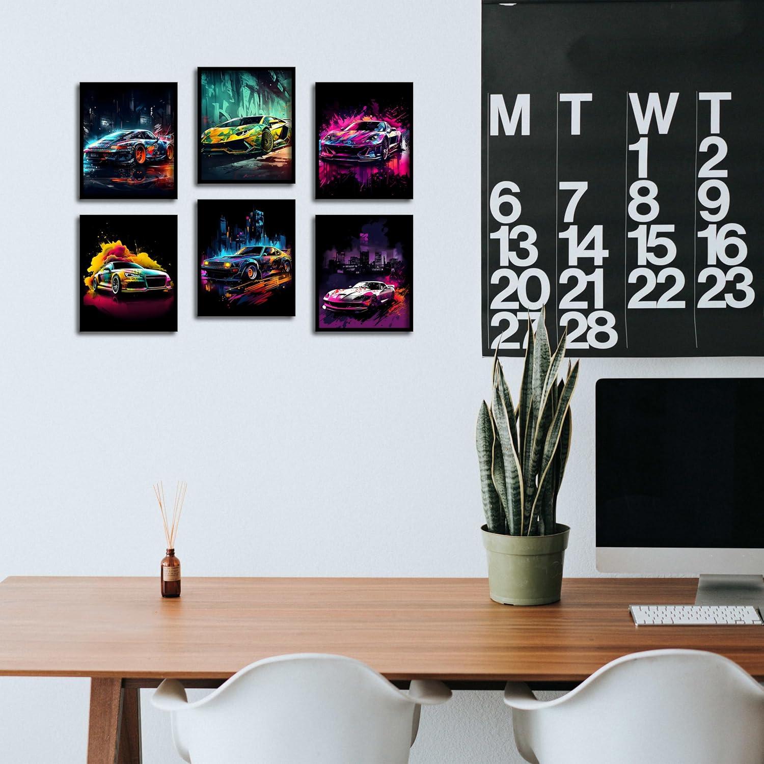 Car Wall Art Prints Set of 6 Street Racing Car Posters Fashion Wall Decor Colorful Landscape Car Paintings Modern Car llustration Aesthetic Photo Picture Canvas Art Painting for Living Room Hallway