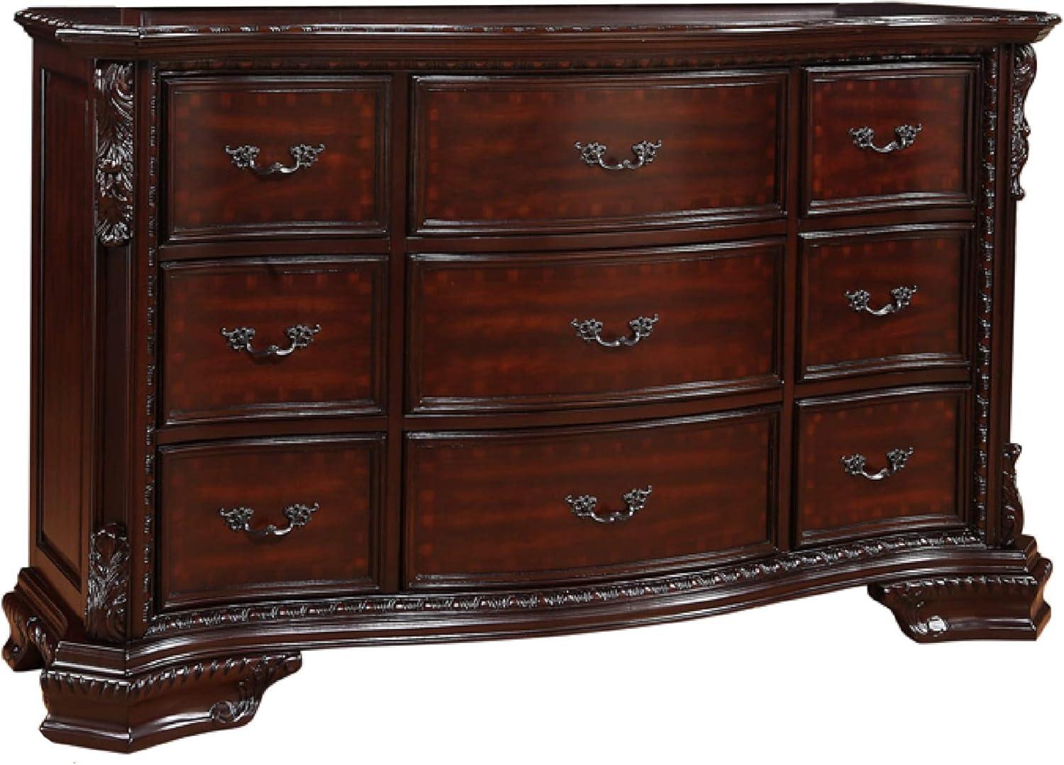 Transitional Cherry Brown 64" Dresser with Tufted Faux Leather & Drawers