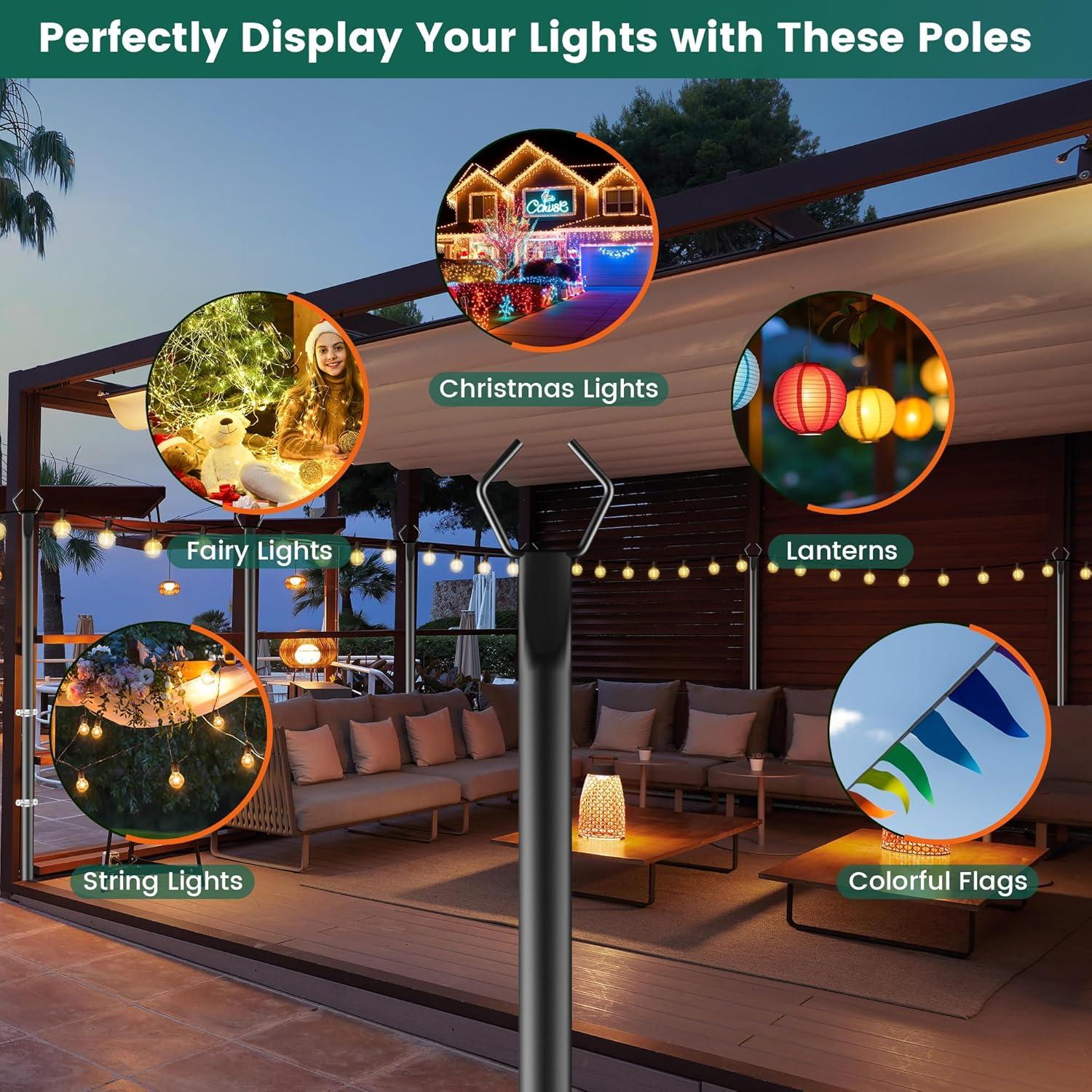 2 Pack String Light Poles,10 Ft Light Poles for Outside String Lights,Outdoor Lights Pole with Fork,Metal Poles Stand for Patio Deck Backyard