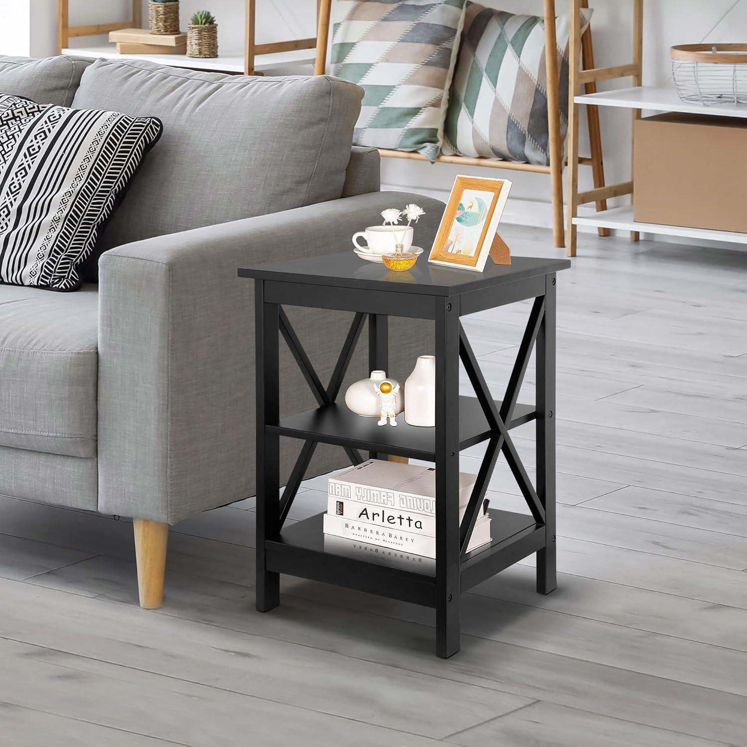 Nightstand Sofa Side Table End Table with 3-Tier Storage Shelf for Living Room, Bedroom, Office, Apartment, Easy Assembly, Black