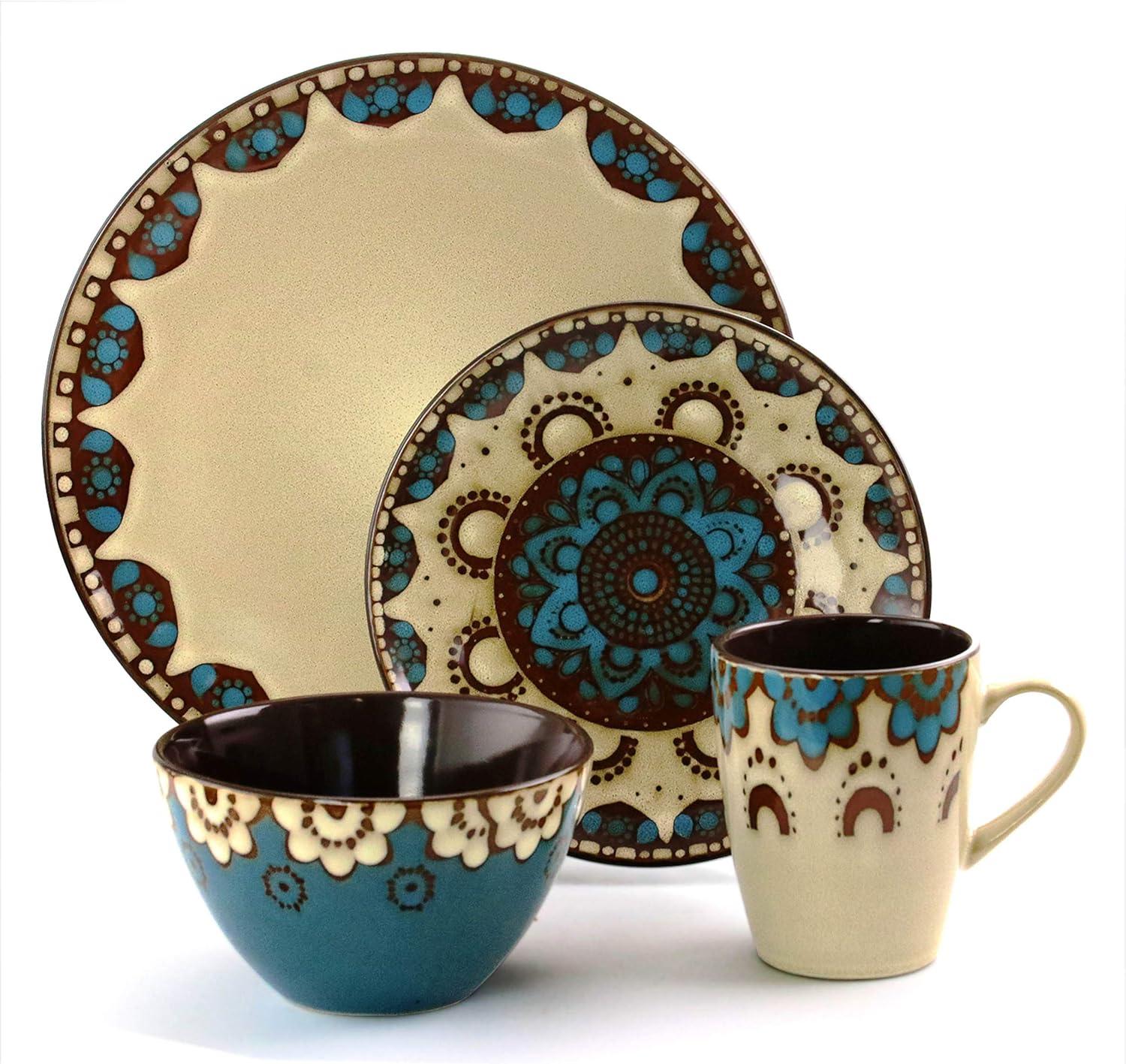 Clayheart 16-Piece Blue and Tan Ceramic Dinnerware Set