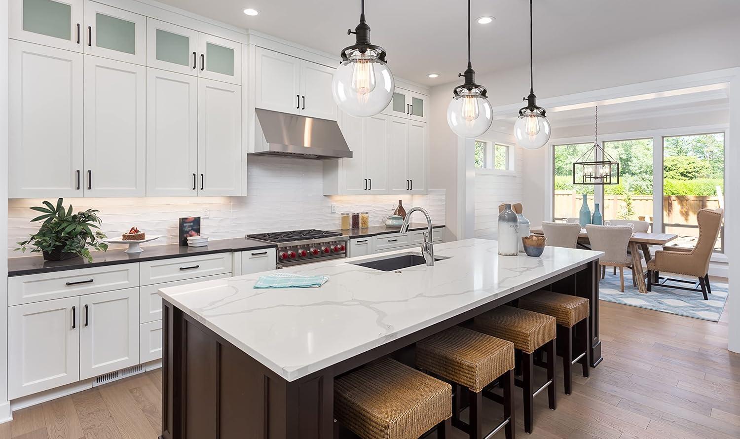 PERMO Vintage Rustic Industrial 3-Lights Kitchen Island Chandelier Triple 3 Heads Pendant Hanging Ceiling Lighting Fixture with Funnel Flared Clear Glass Shade (Black)