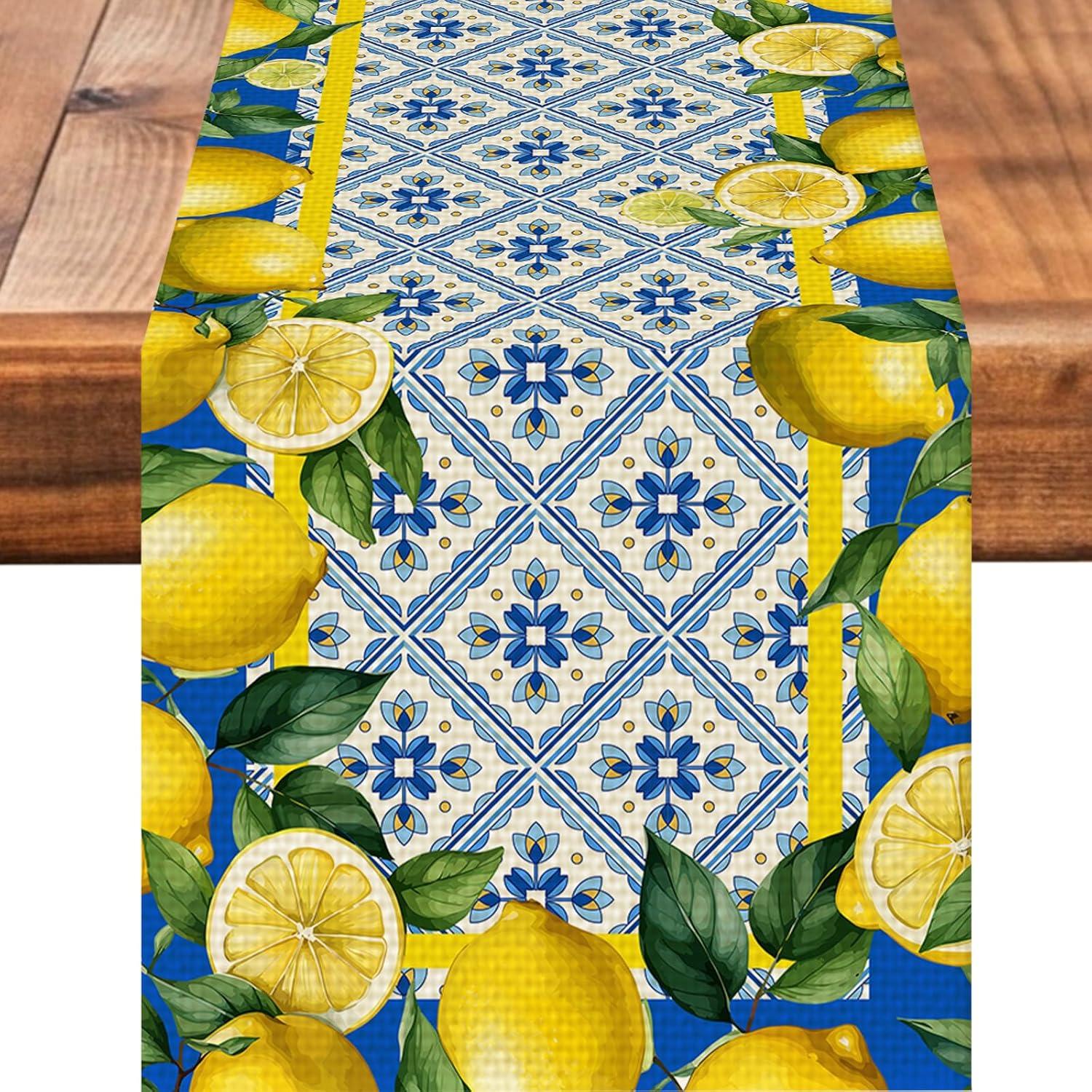 Lemon Burlap Table Runner Seasonal Spring Fall Kitchen Dining Linen Table Decoration for Indoor Outdoor Home Party Dinner 13x72 Inch