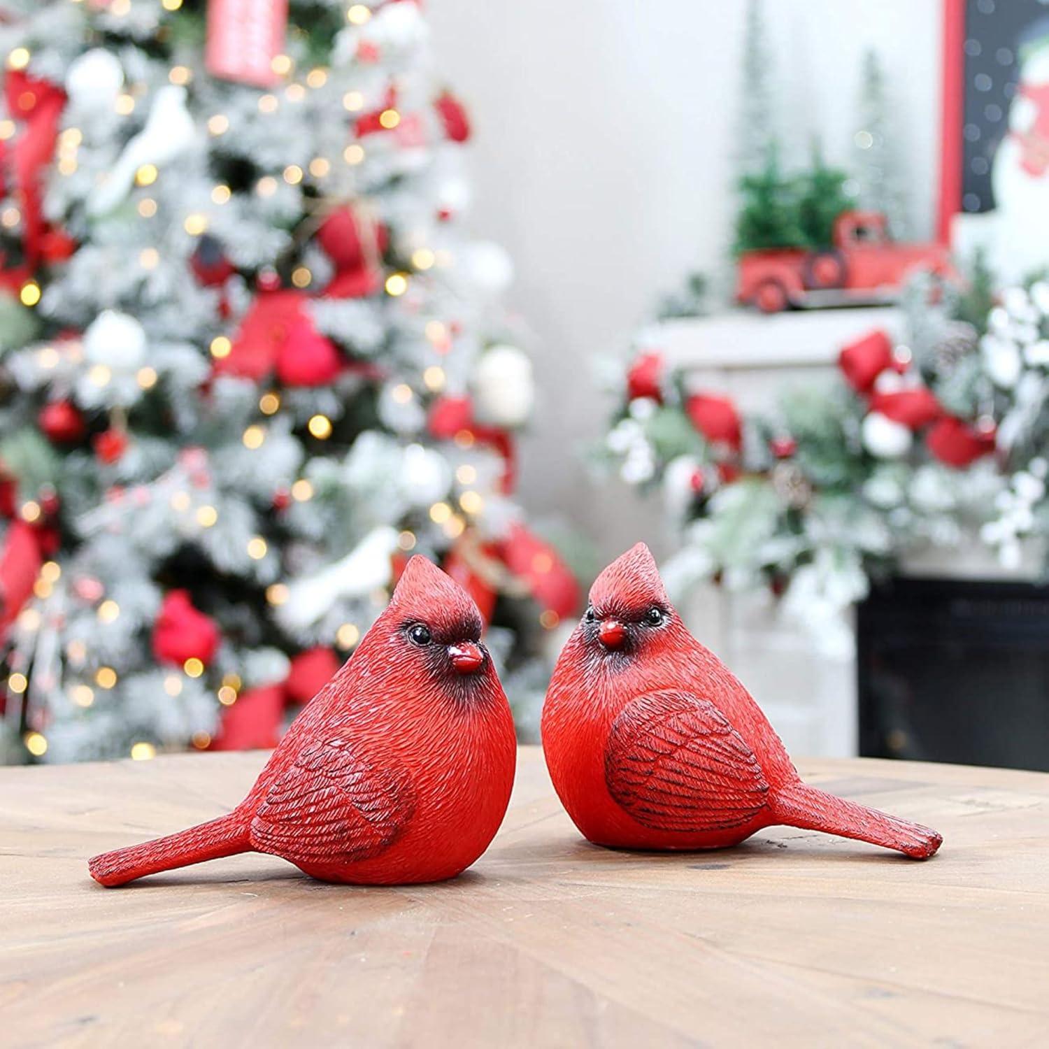 Darware Cardinal Figurines, 2pc Set; Resin Red Bird Statue Figures for Christmas and Seasonal Decor; Large 5.5 x 4 Inch Figures