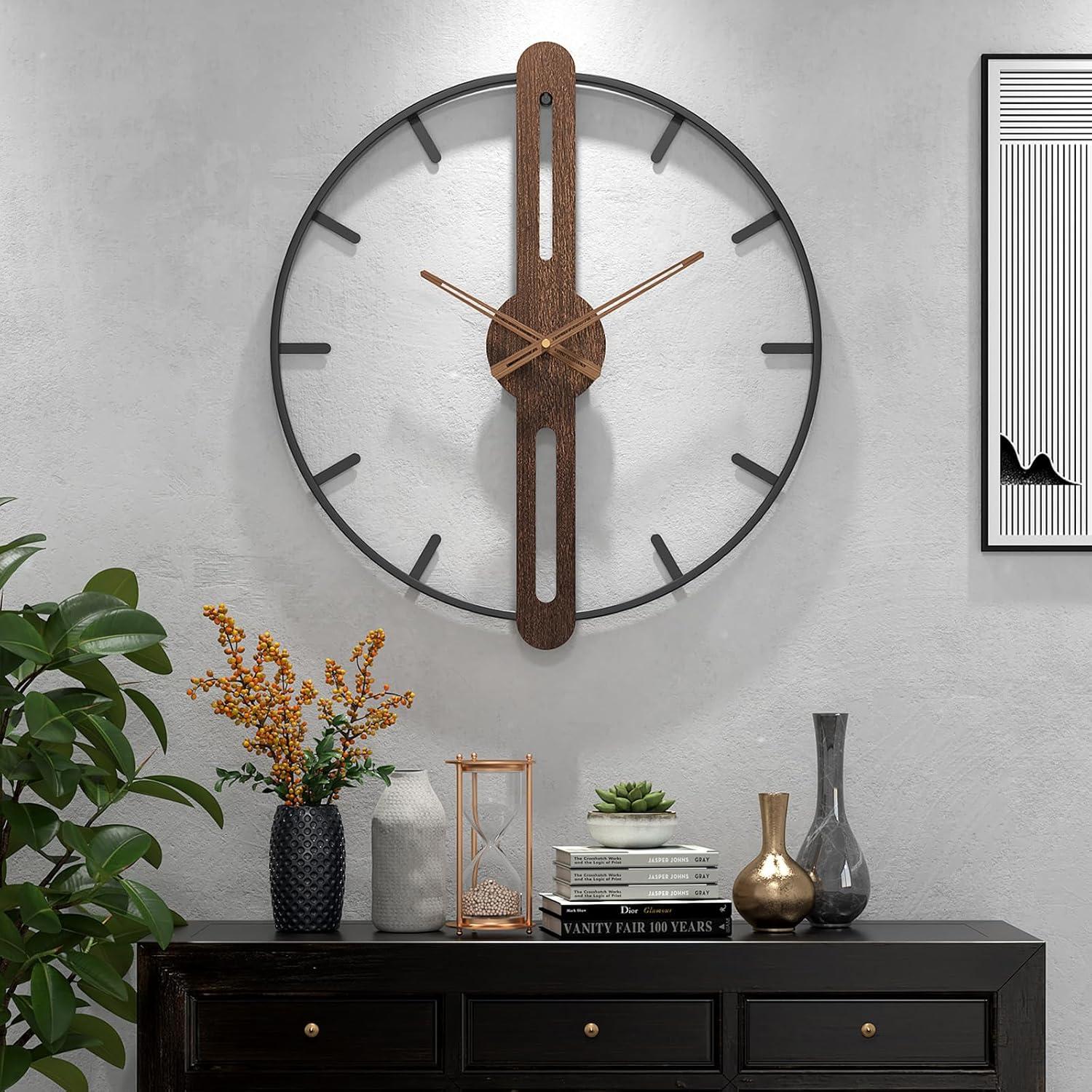 Modern Walnut and Metal Frame Silent 22.5" Wall Clock