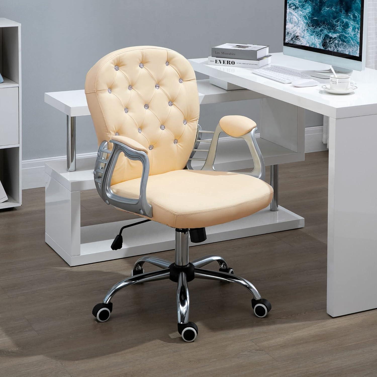 Vinsetto Vanity PU Leather Mid Back Office Chair Swivel Tufted Backrest Task Chair with Padded Armrests, Adjustable Height, Rolling Wheels, Beige