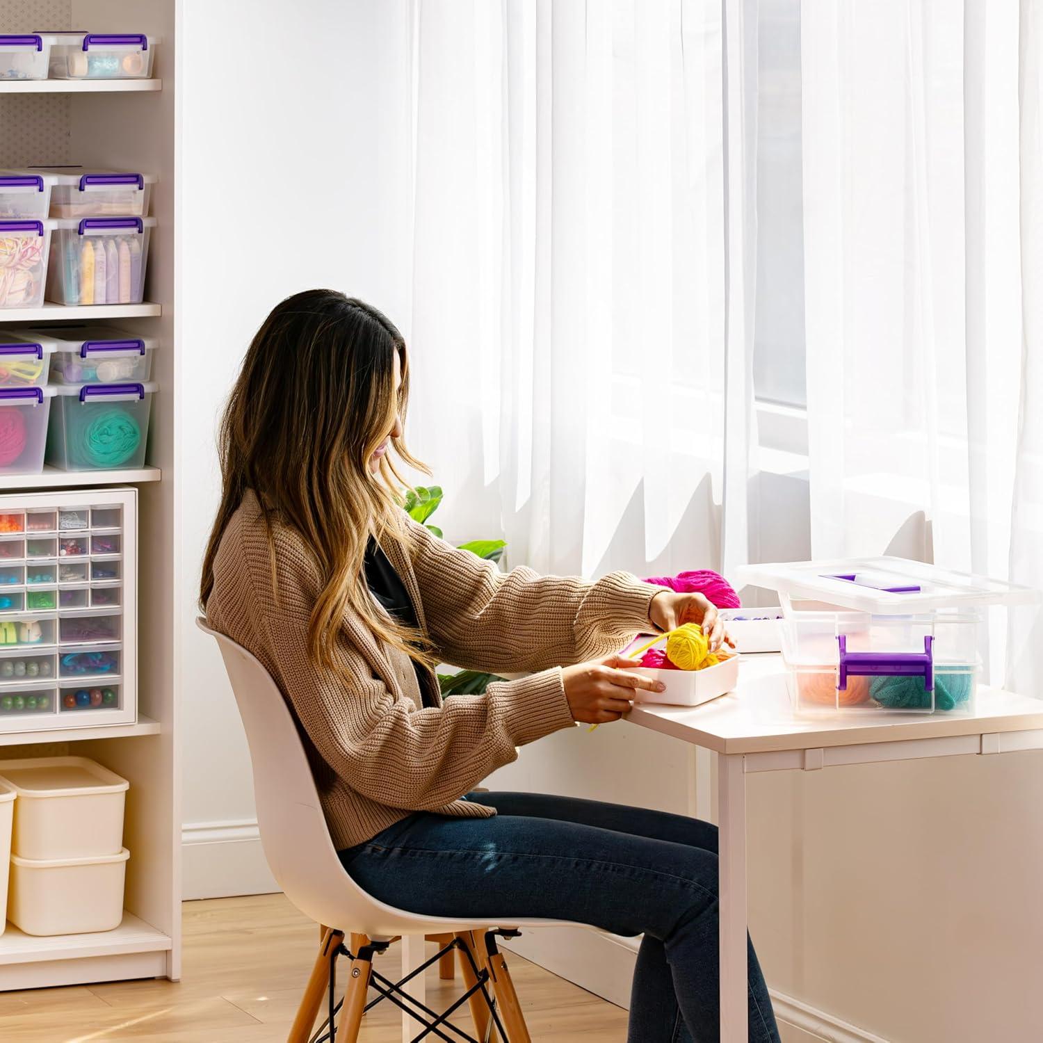 IRIS USA 9.4 Qt 2 Layer Stack and Carry Storage Containers with Bulked-Up Lid and 4 Removable Dividers, Clear/Violet