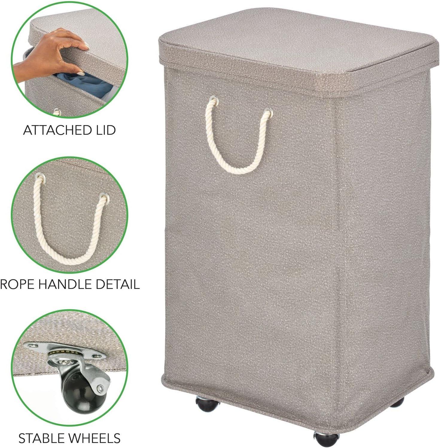 mDesign Large Polyester Rolling Laundry Hamper with Wheels, Lid, Handles, Taupe