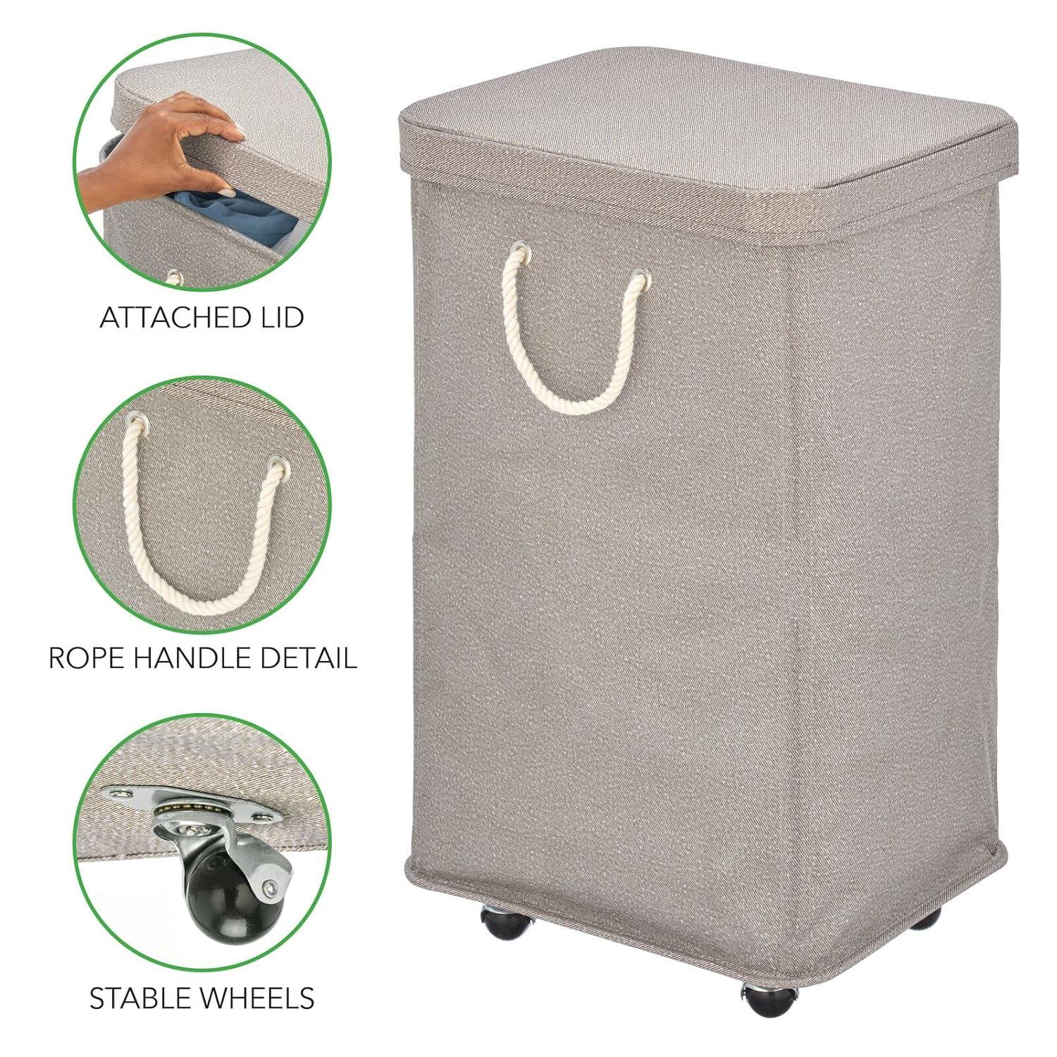 mDesign Large Polyester Rolling Laundry Hamper with Wheels, Lid, Handles, Taupe