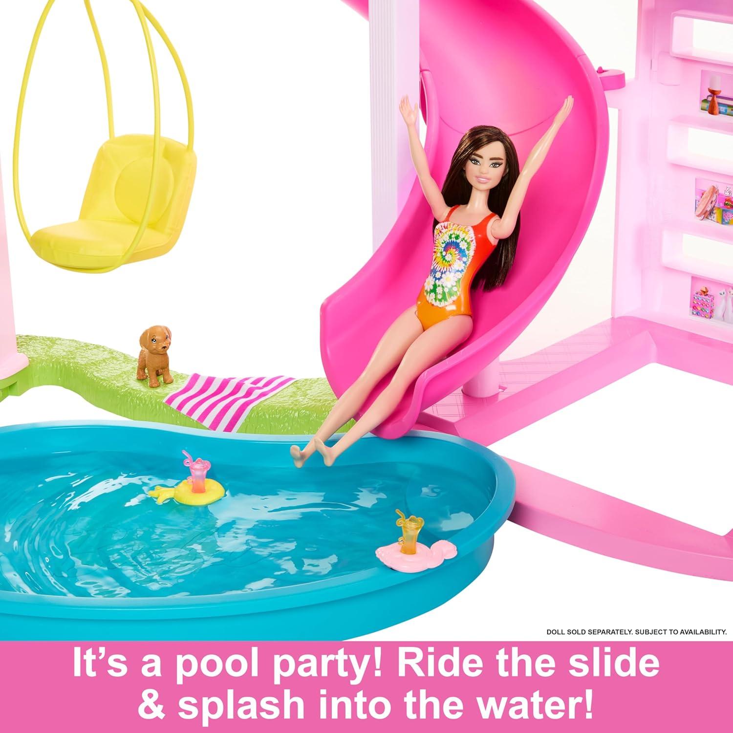 Barbie Dreamhouse Pool Party Doll House with 75+ pc, 3 Story Slide: Adult Assembly, Fits 12 Inch Dolls