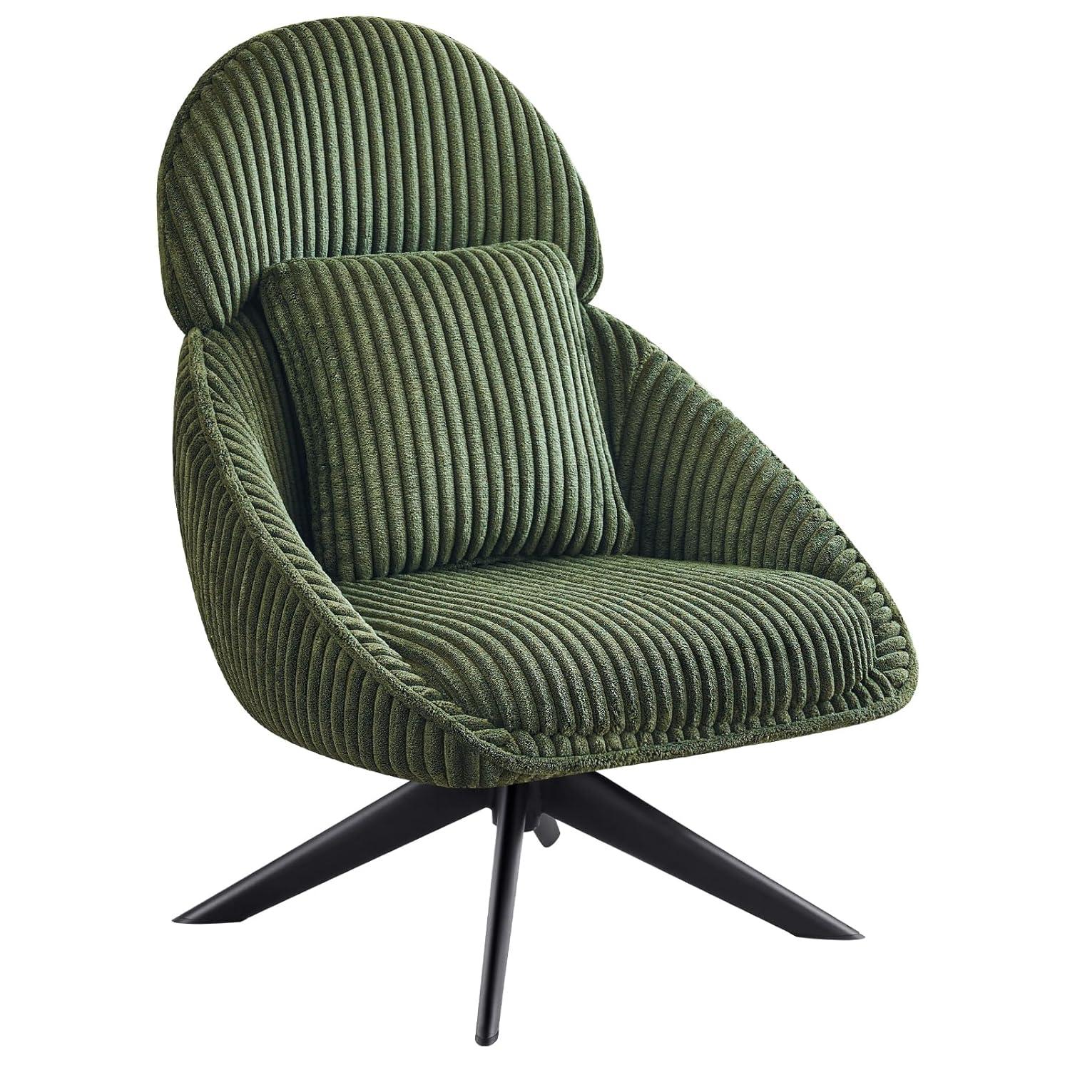 Furniliving Swivel Accent Chair with Pillow Corduroy Comfy Lounge Chair Lazy Chair for Living Room/Bedroom, Green