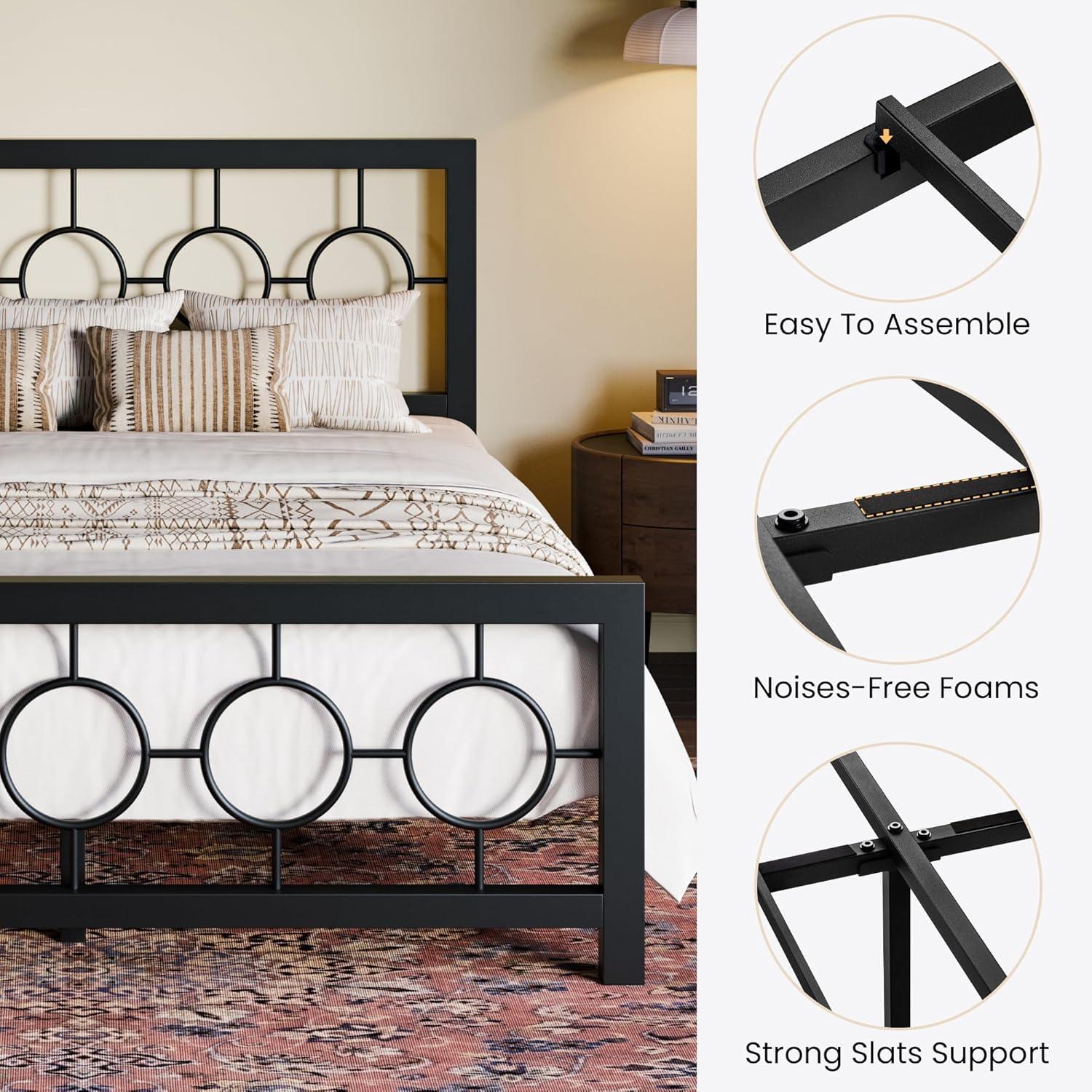 SHA CERLIN Queen Size Metal Bed Frame with Vintage Circular Design Headboard and Footboard,No Box Spring Required,Easy Assembly,Noise-Free,Black