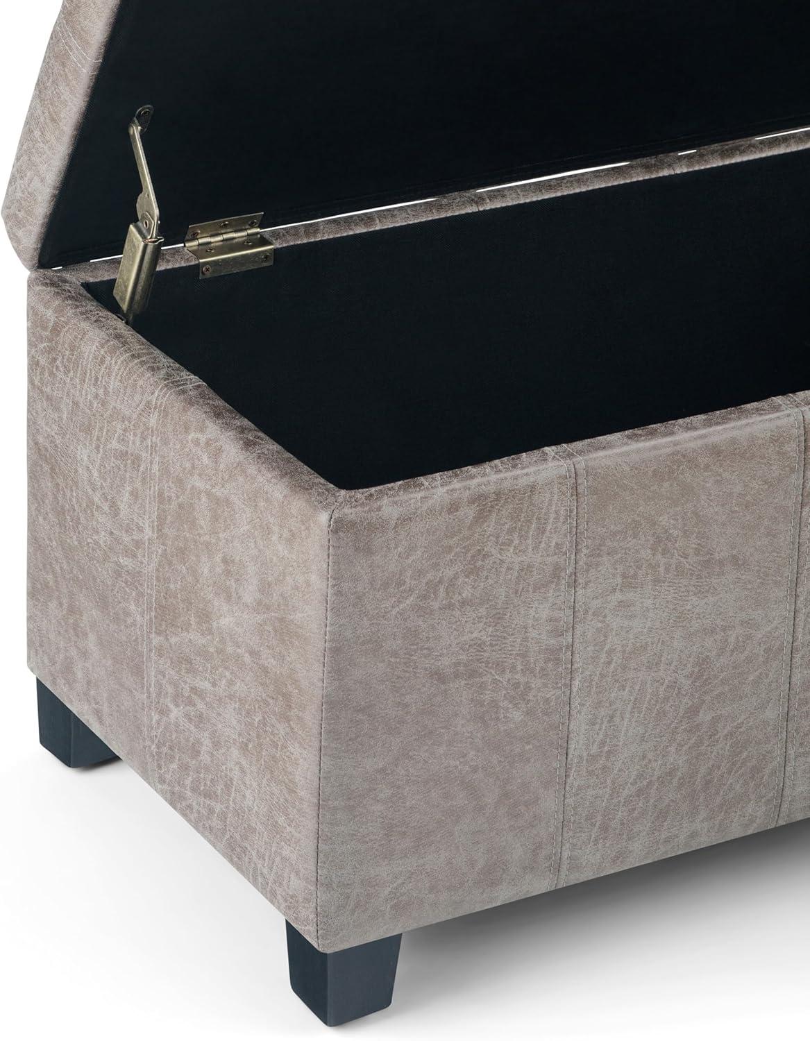 Simpli Home Dover Faux Leather Storage Ottoman Bench in Gray Taupe
