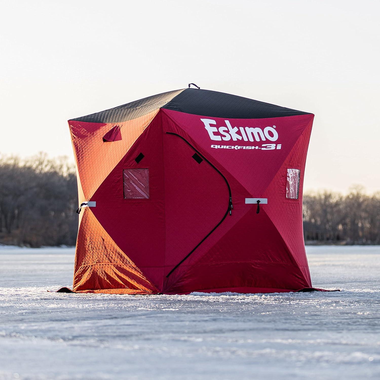 Red Fiberglass Pop-Up Ice Shelter for 3 Persons with Carry Bag
