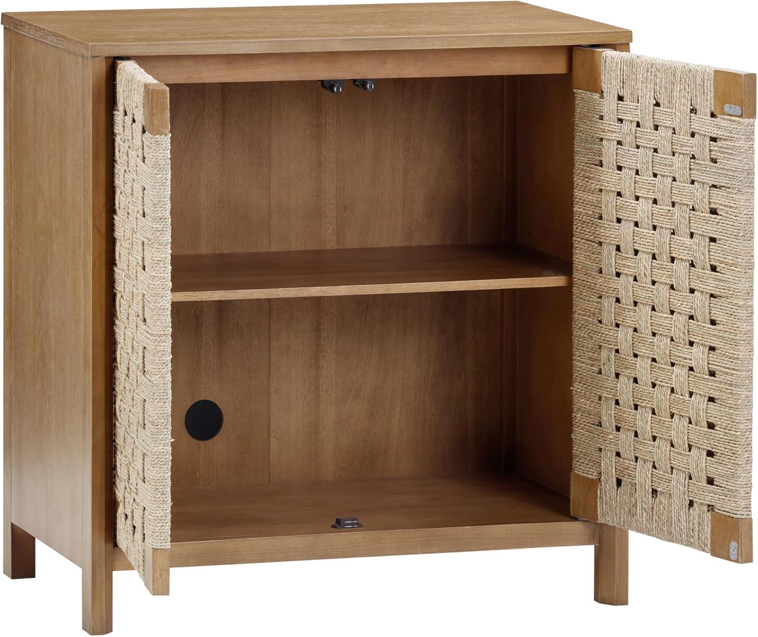 Rustic Wood TV Stand Cabinet With Seagrass Door Panels