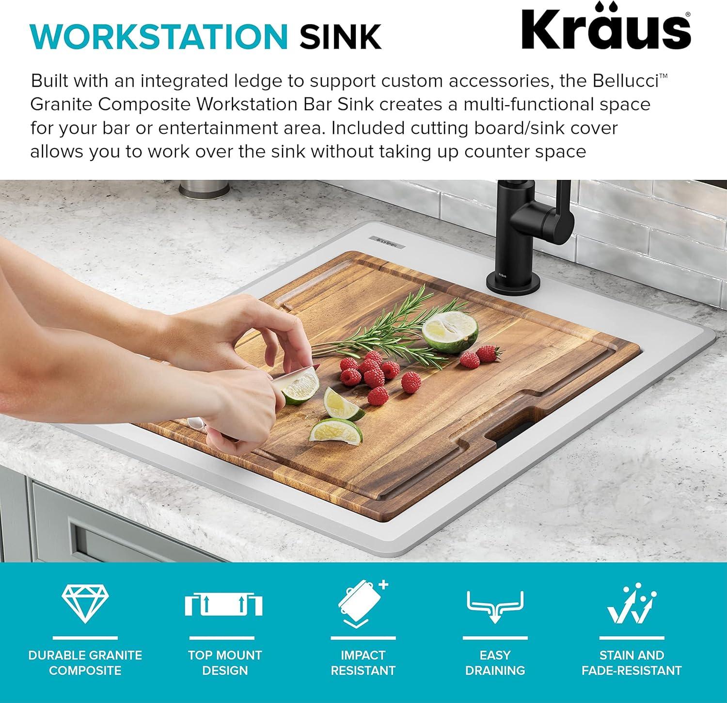 KRAUS Bellucci 28” Granite Workstation Drop In Top Mount Single Bowl Kitchen Sink with Accessories
