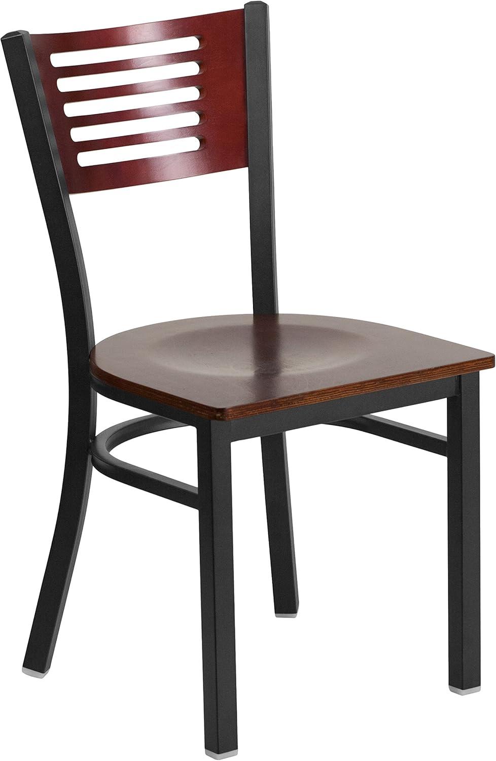 High Back Black Steel and Mahogany Wood Slat Side Chair