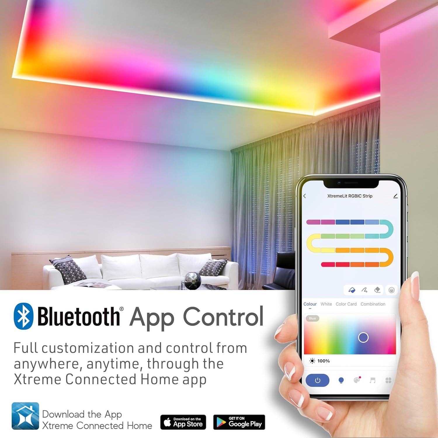 Xtreme Lit 50ft Bluetooth LED Light Strips, Flowing Color Effect, App Use, Indoor, Corded Electric