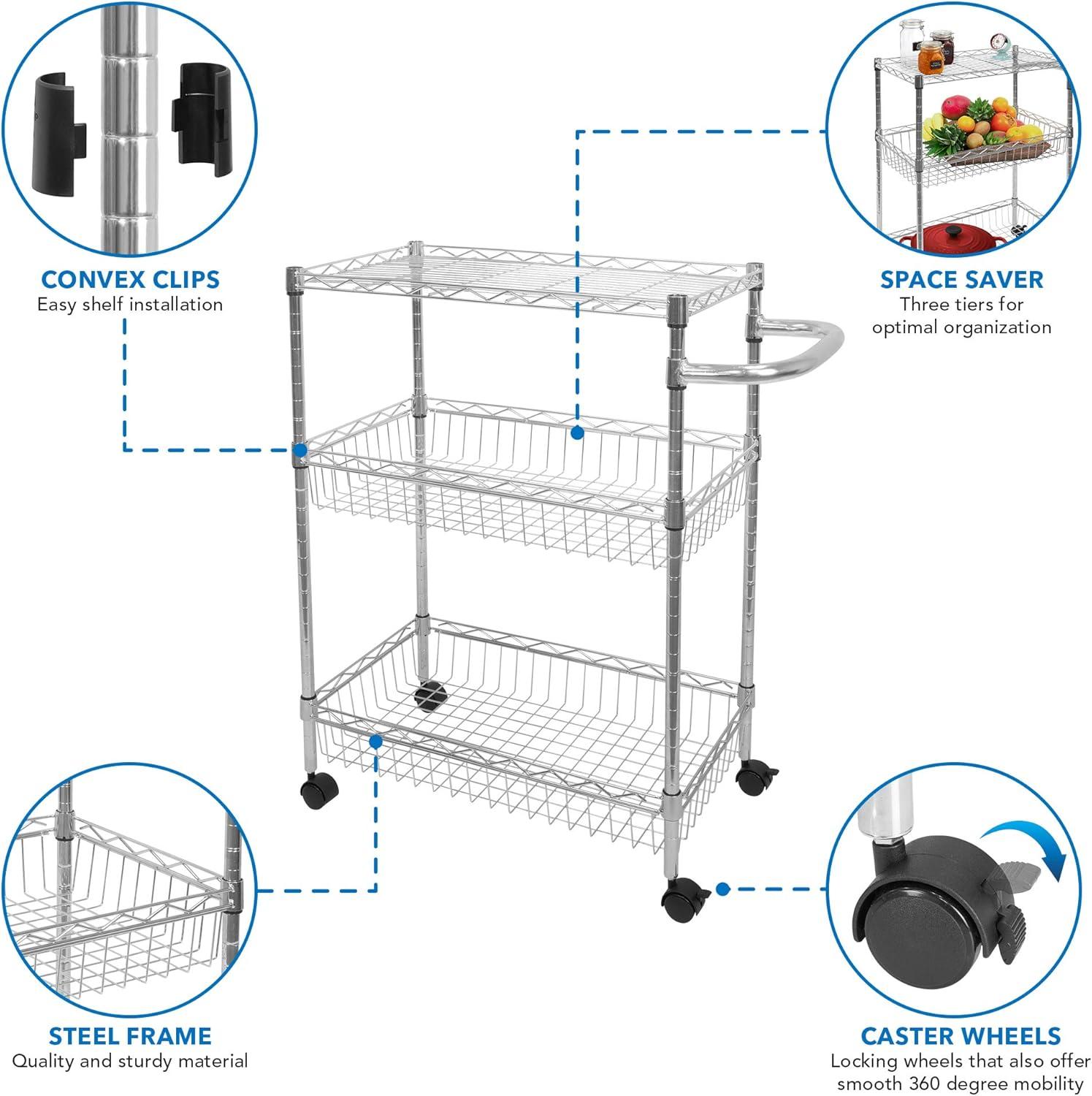 Mount-It! Mesh Wire Rolling Cart | 3-Tier Multi-Function Metal Trolley for Kitchen Storage and Organization with Lockable Wheels and Handle | Silver