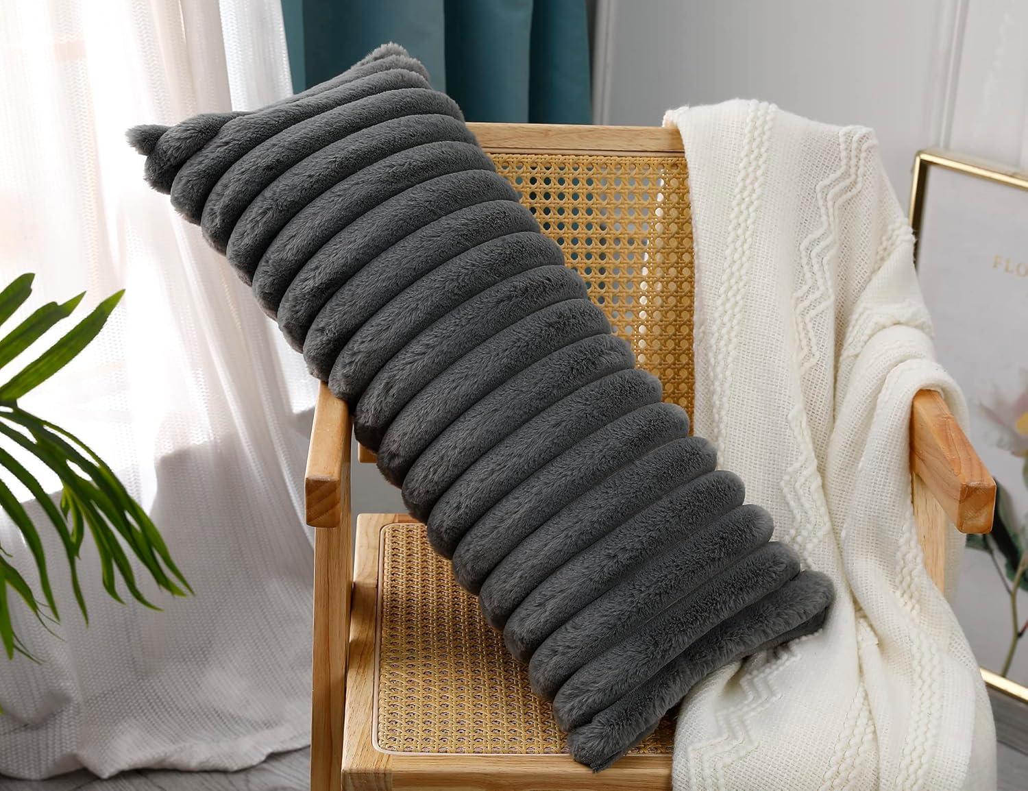 PANOD Faux Fur Decorative Lumbar Throw Pillow Covers 12 x 24,Long Boho Lumbar Pillow Covers Pillow Case Cushion Case for Bed Sofa Farmhouse Livingroom,Grey