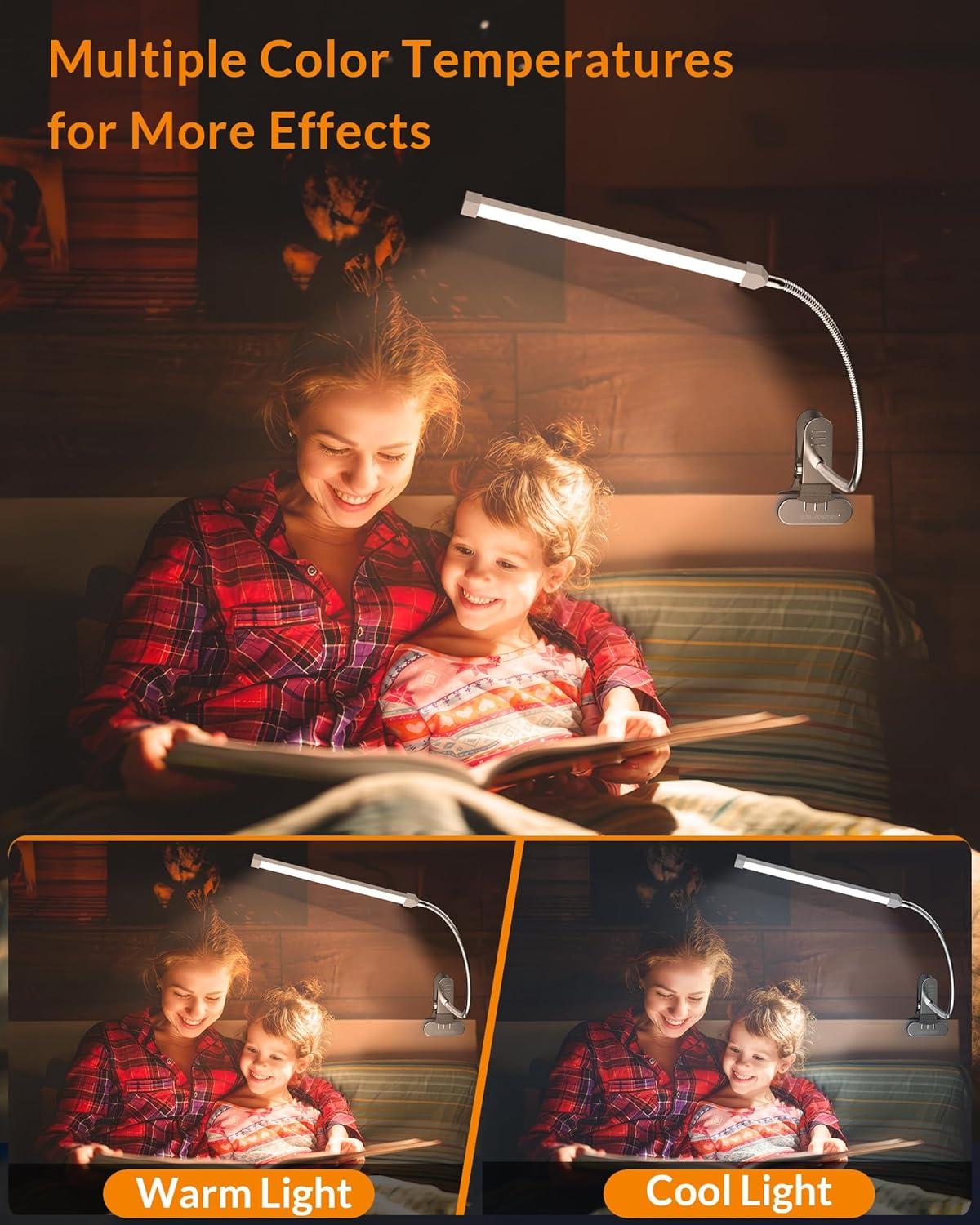 LEPOWER Led Clip on Light, 5W Reading Lights for Books in Bed with Gooseneck, Adjustable Color Temperature Clip Lamp, Ideal for Bedtime Reading and Piano Light, Metal, Silver