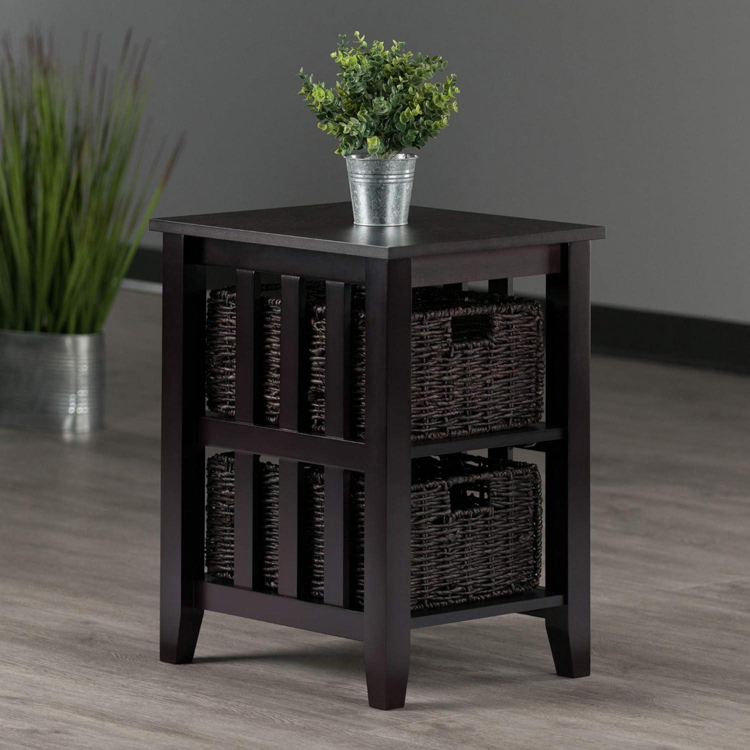 Traditional Espresso Square Wood Side Table with Storage Baskets