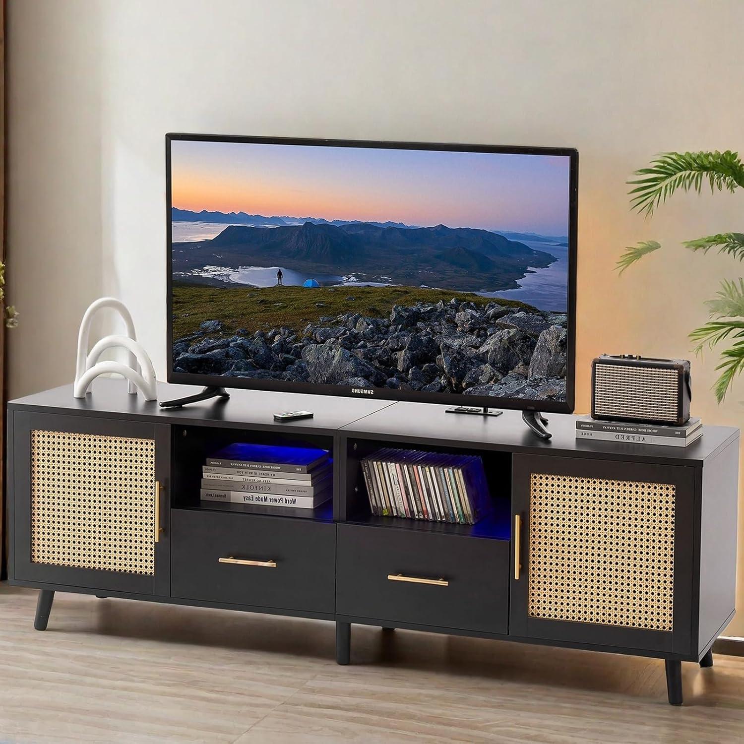 Bay Isle Home™ Heyer Large Wood Rattan TV Stand for TVs up to 75" with LED Light and Charging Station, Coastal Media Console Table, Multimedia Storage Furniture with 2 Drawers, Lighting TV Cabinet