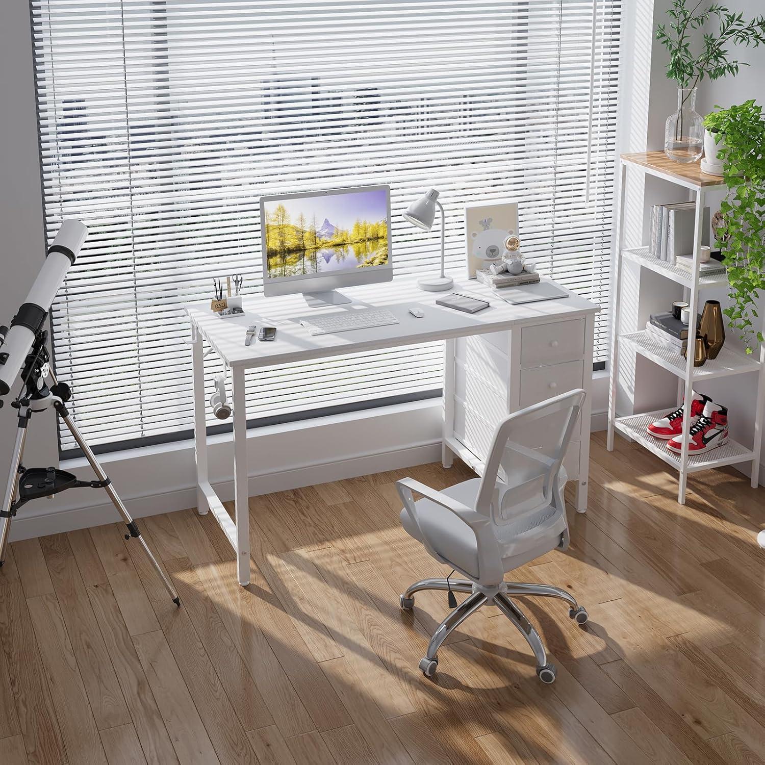 White Wood Computer Desk with Fabric Drawers, 47 Inch