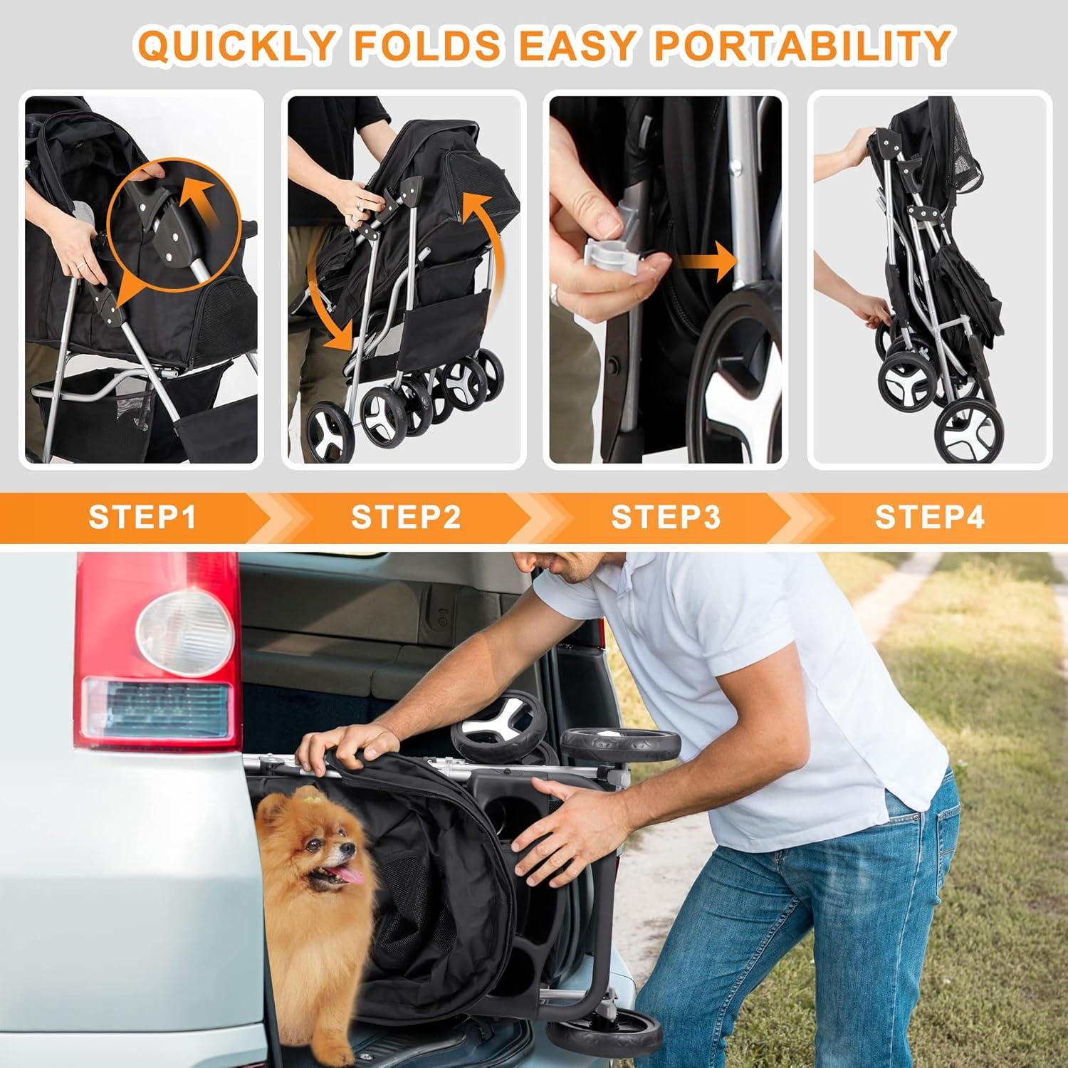 4 Wheels Pet Stroller Dog Cat Stroller for Small Medium Dog Cats Foldable Carrier Jogger Travel Puppy with Storage Basket and Cup Holder (Black)